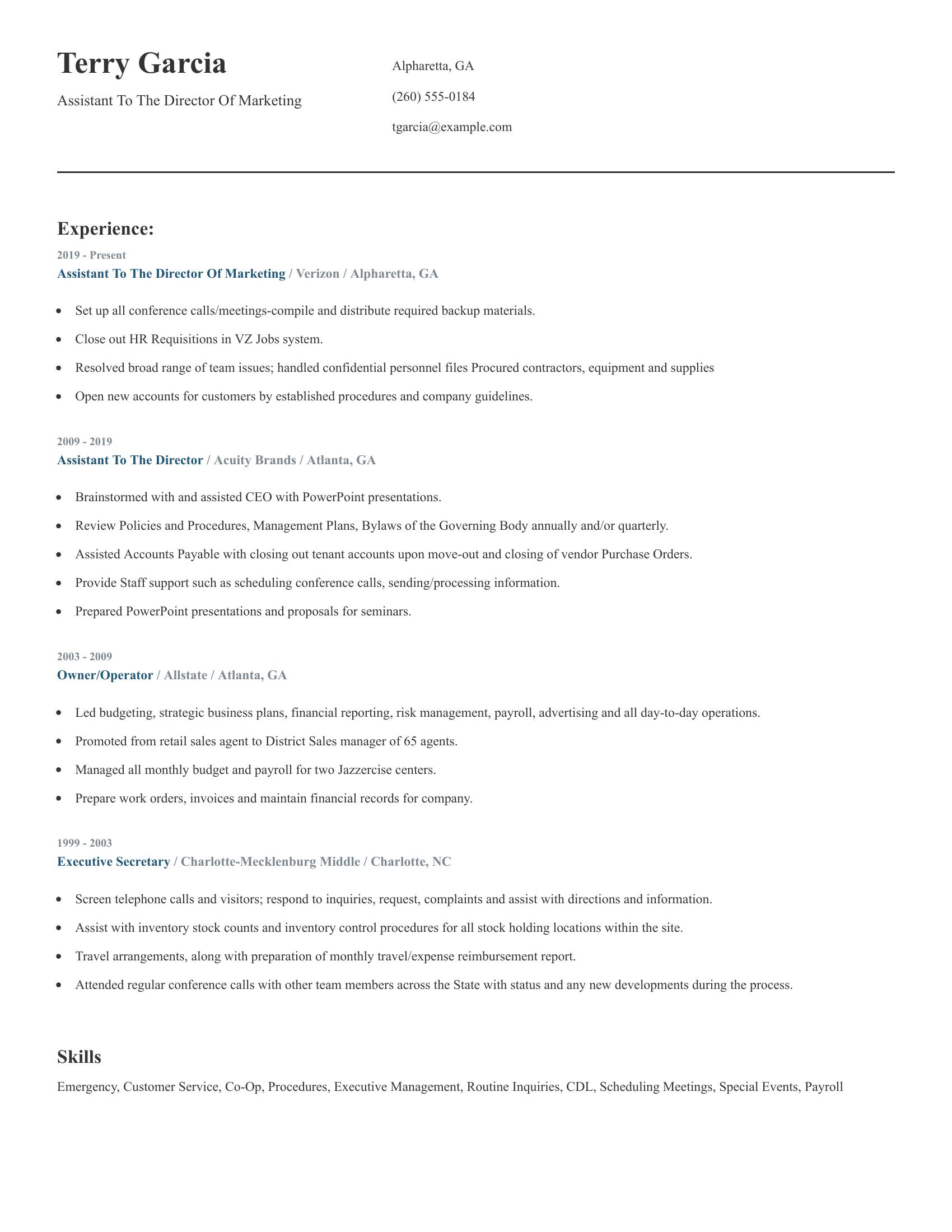 Assistant To The Director Of Marketing resume example