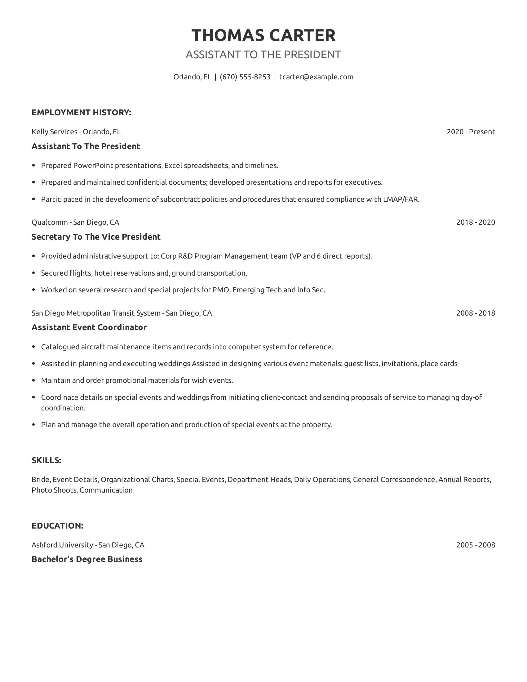 Assistant To The President resume example