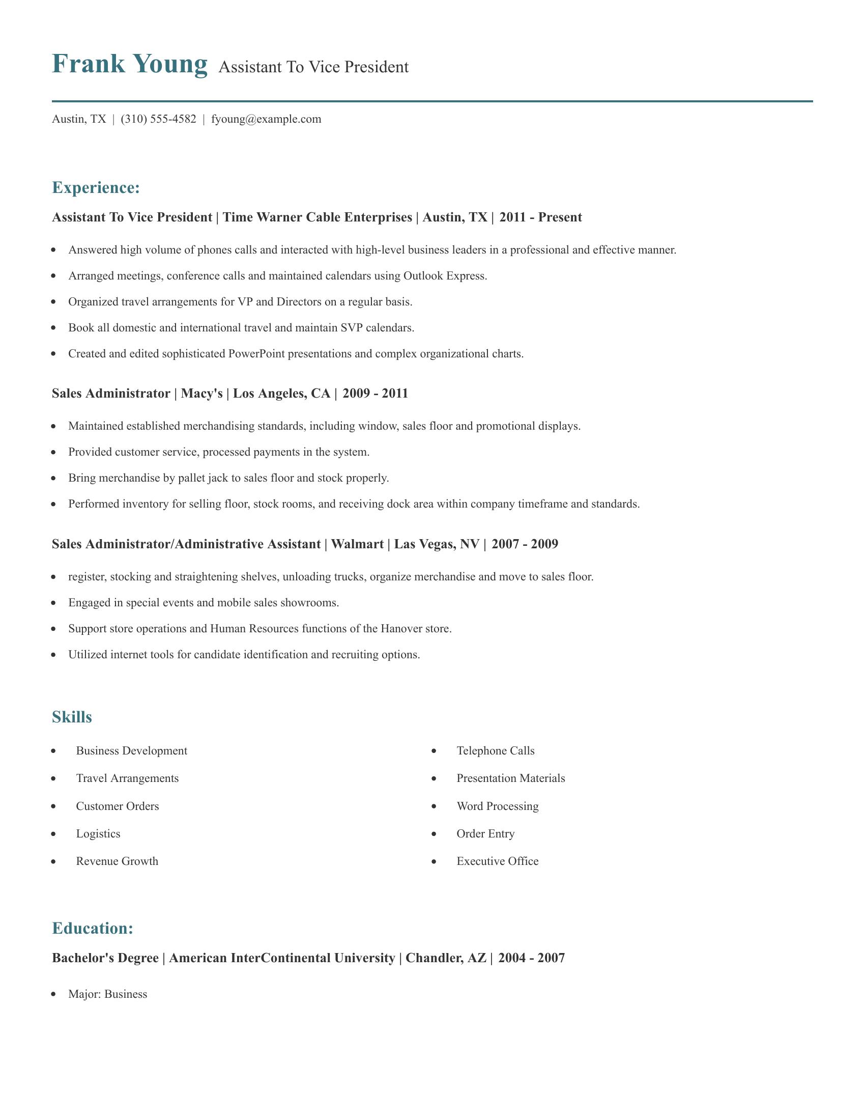 Assistant To Vice President resume example