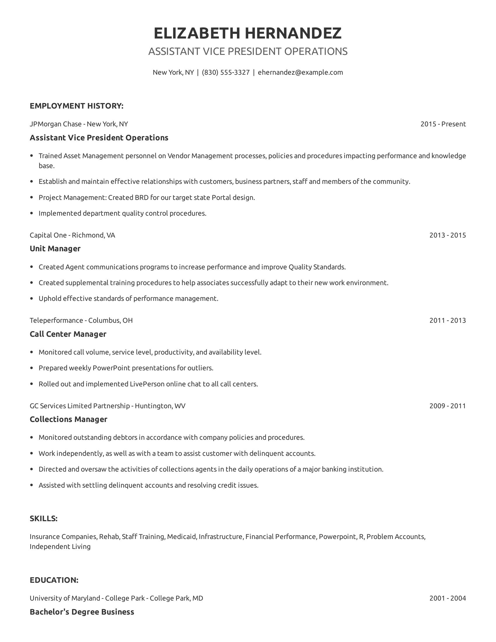 Assistant Vice President Operations resume example