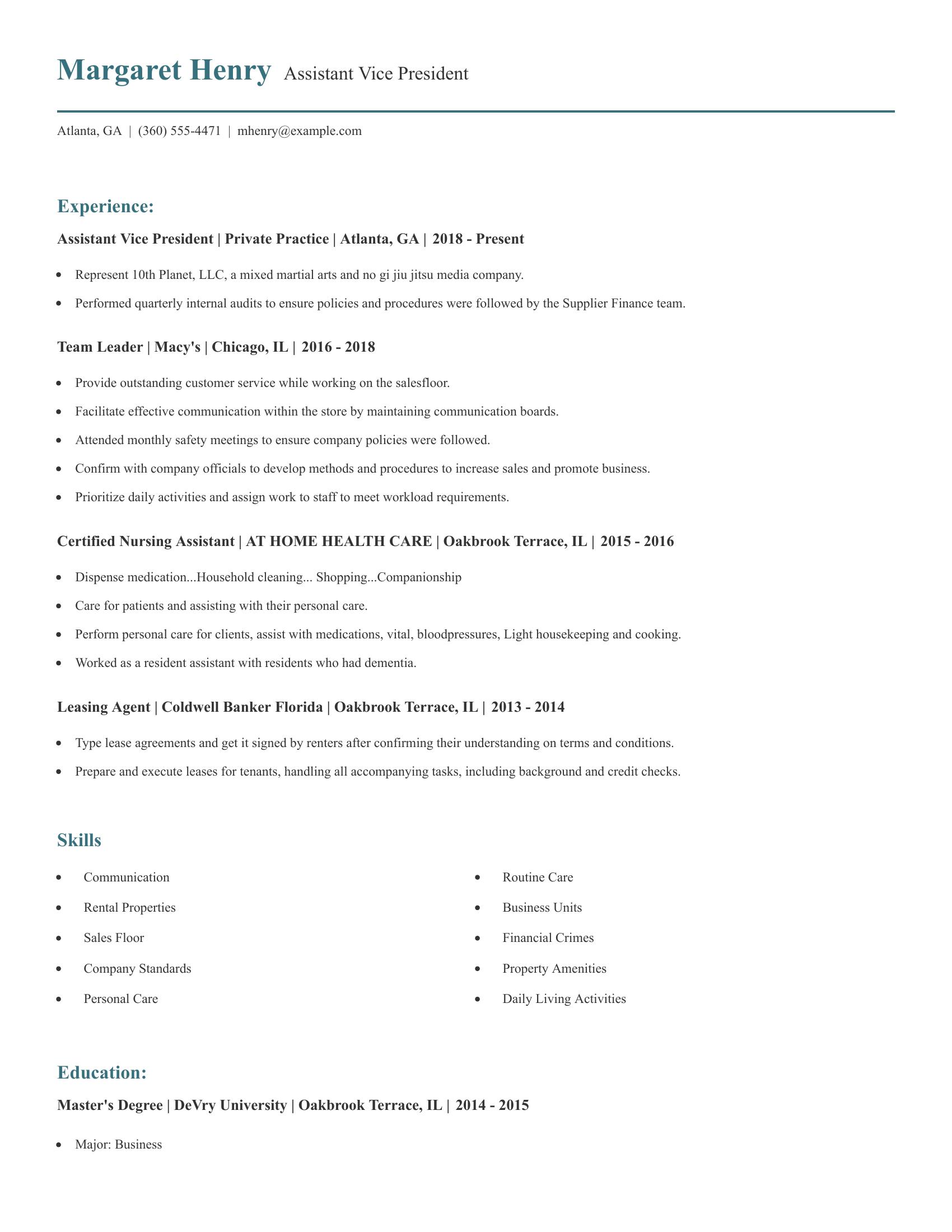 Assistant Vice President resume example