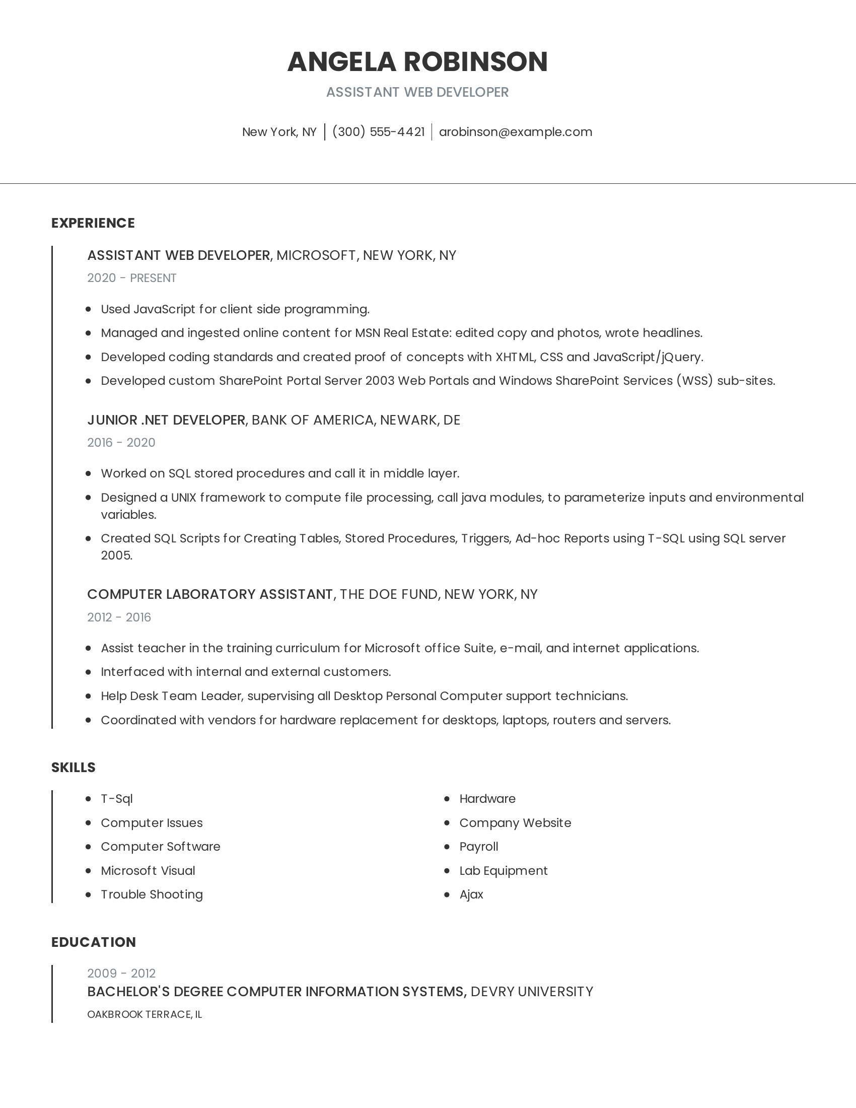 Assistant Web Developer resume example