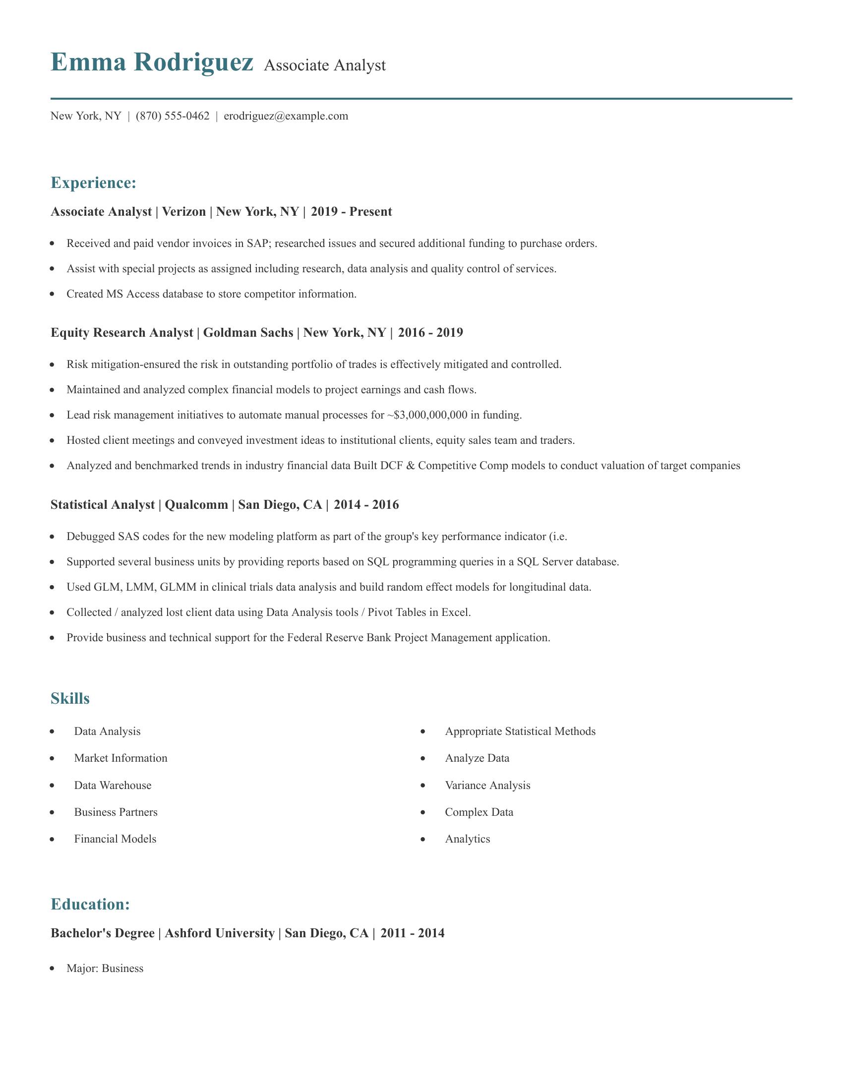 Associate Analyst resume example