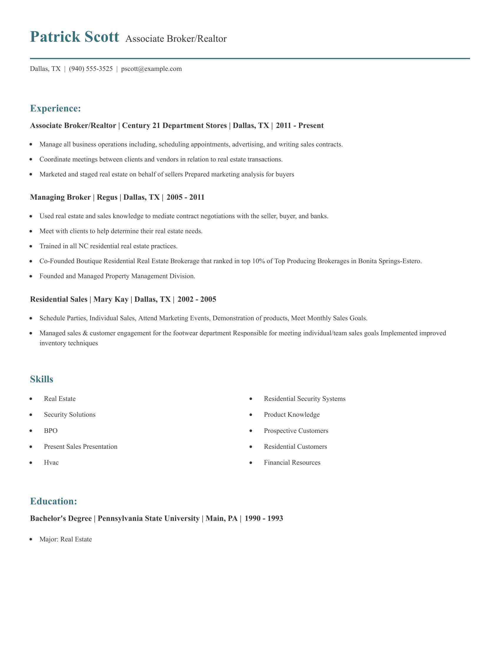 Associate Broker/Realtor resume example