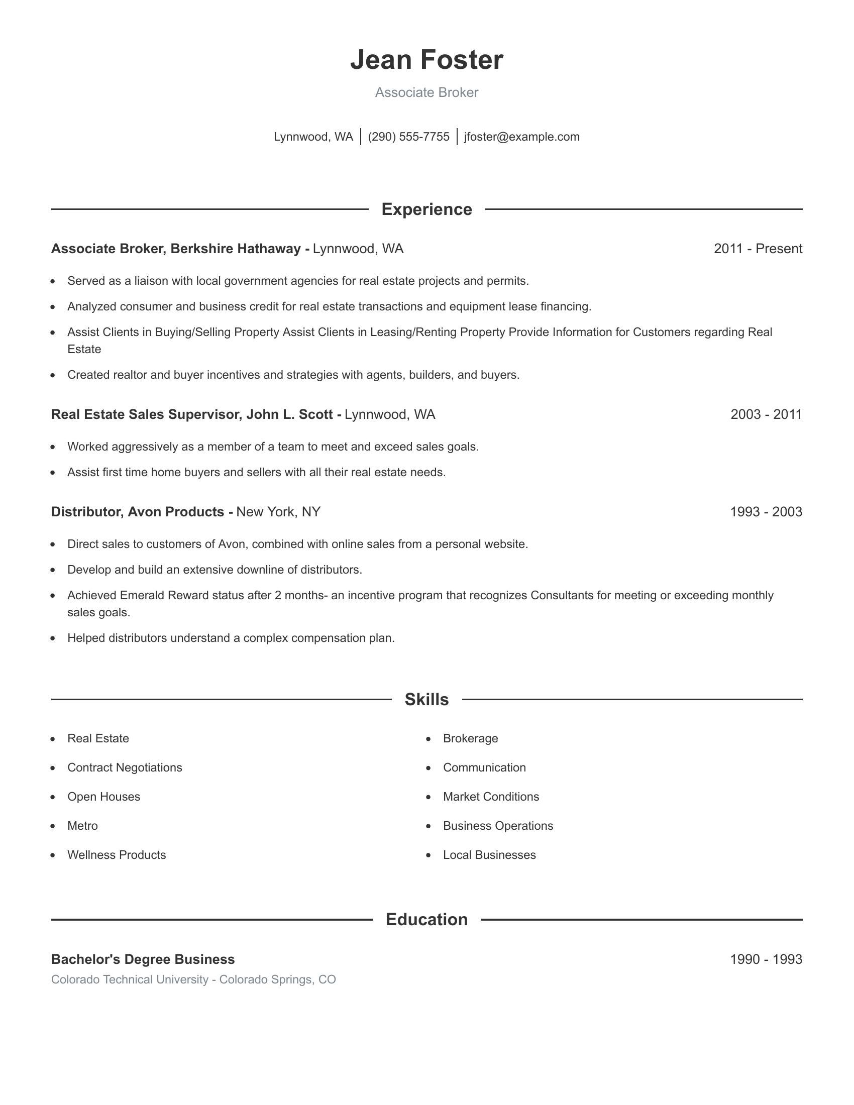 Associate Broker resume example