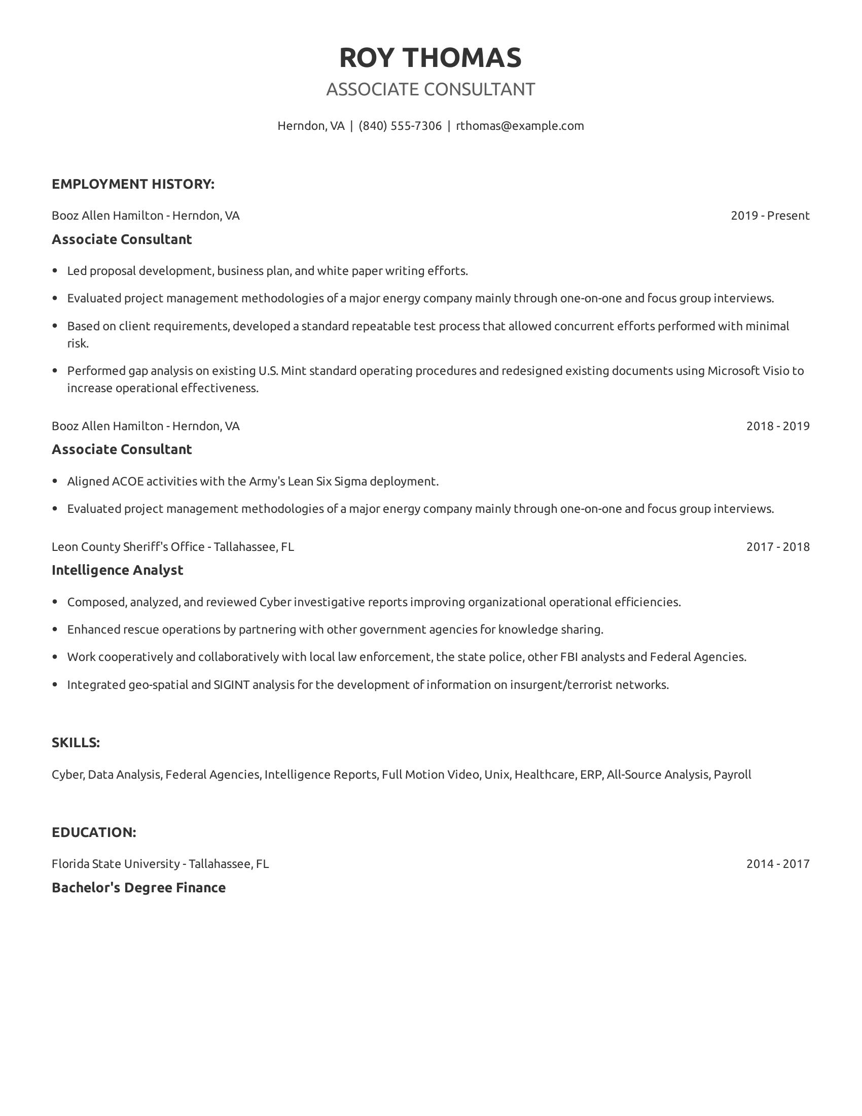 Associate Consultant resume example