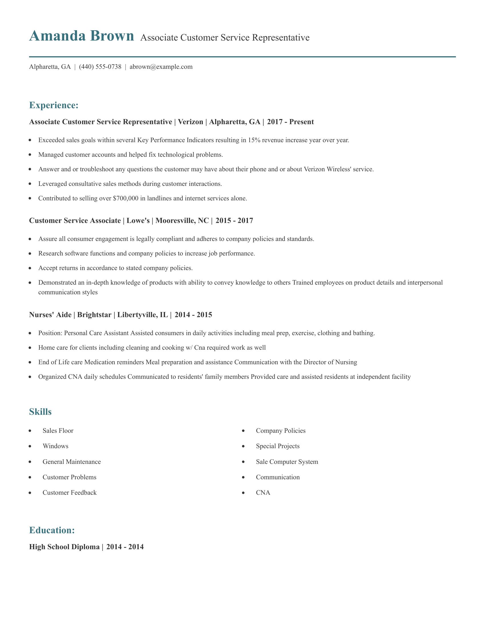 Associate Customer Service Representative resume example