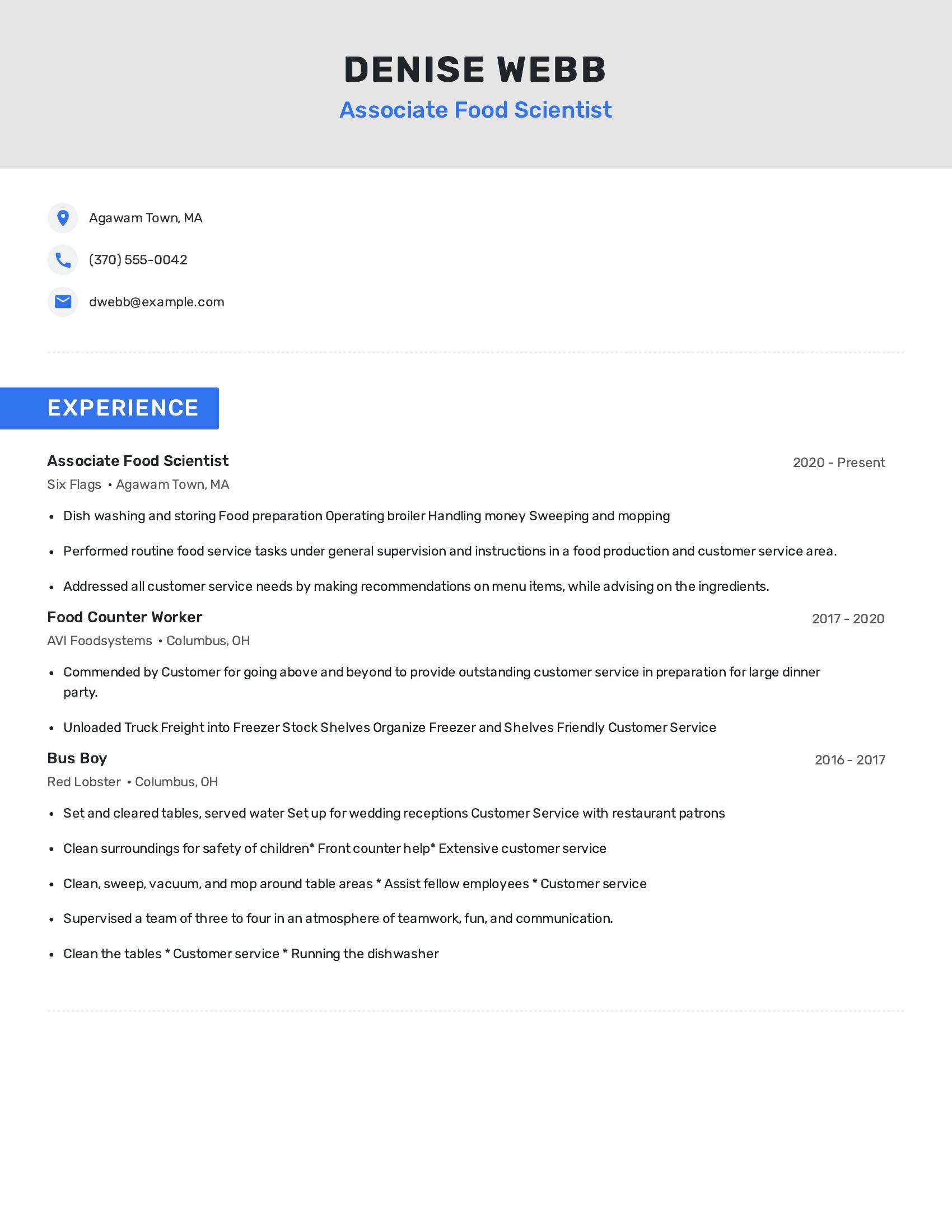 Associate Food Scientist resume example