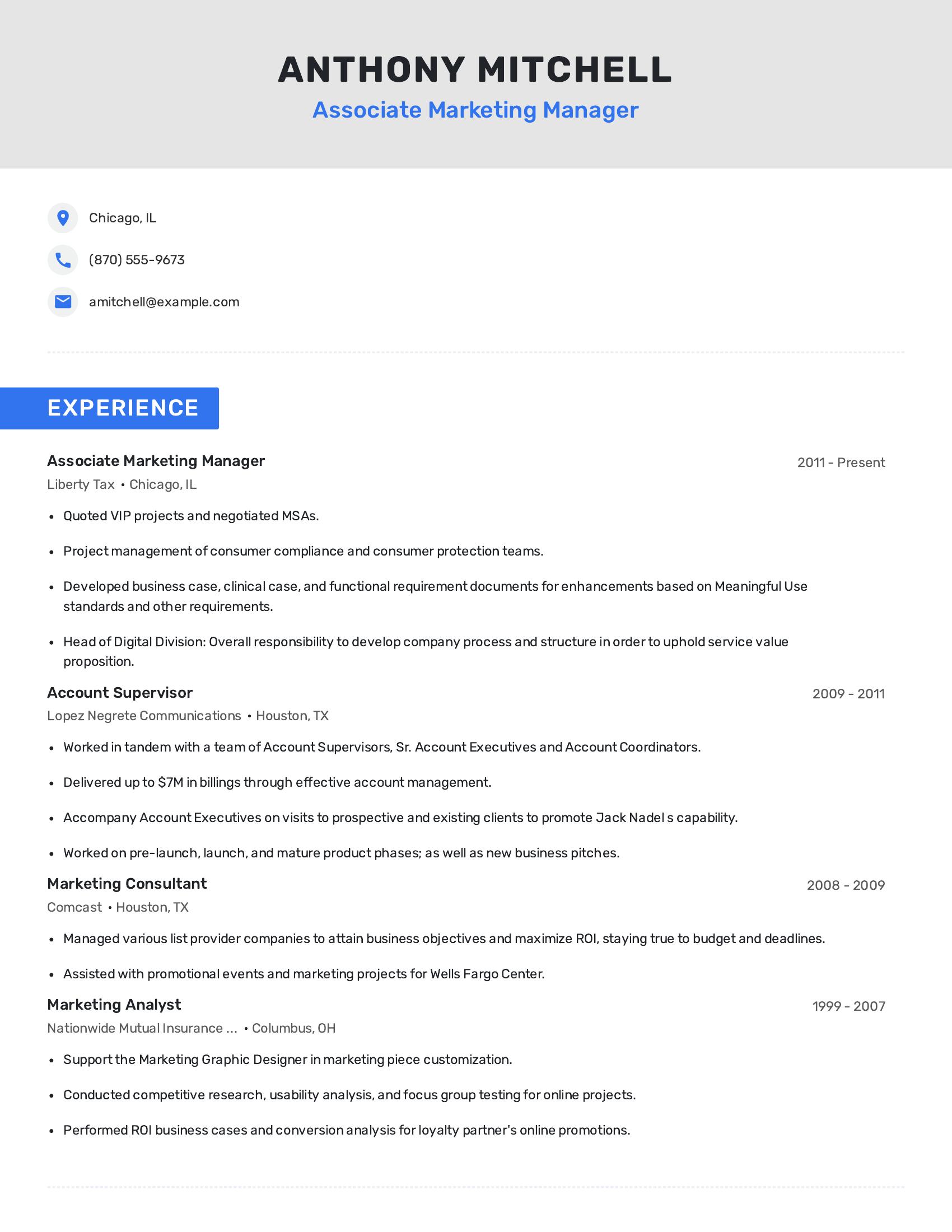 Associate Marketing Manager resume example
