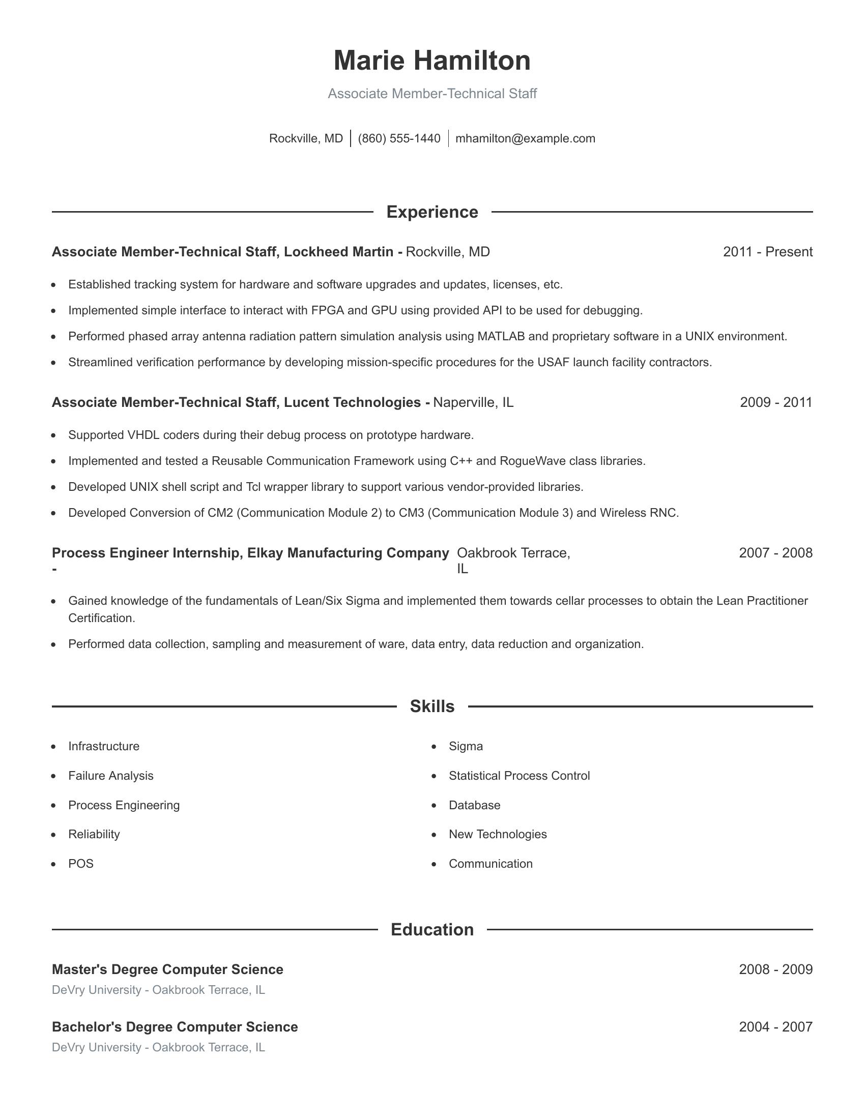 Associate Member-Technical Staff resume example