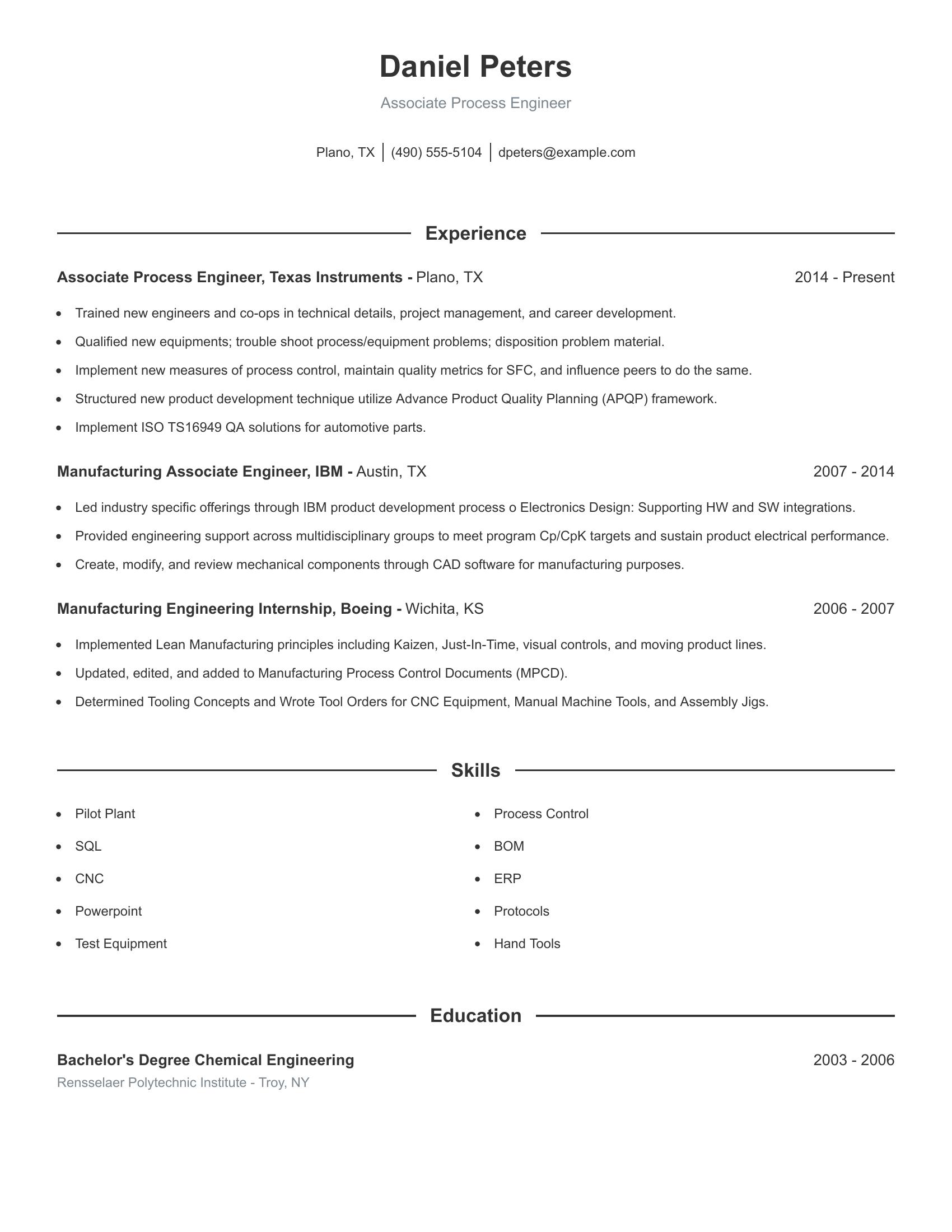 Associate Process Engineer resume example