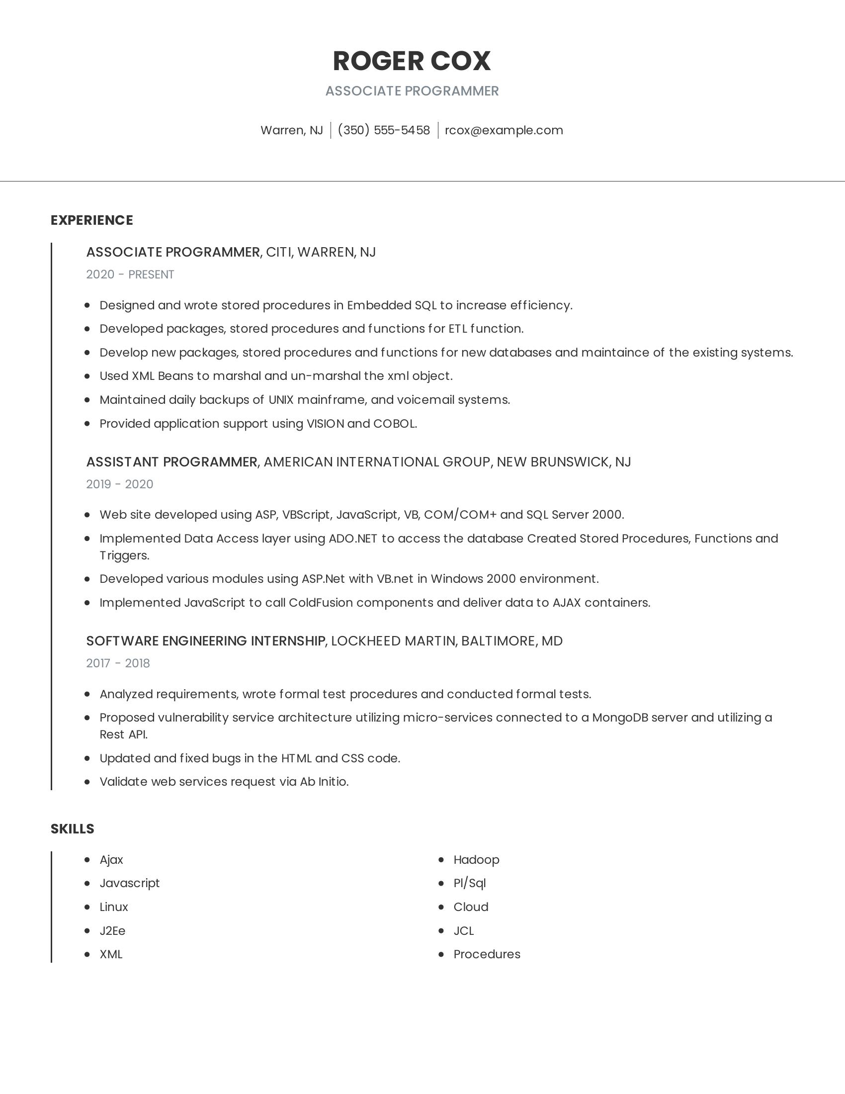 Associate Programmer resume example