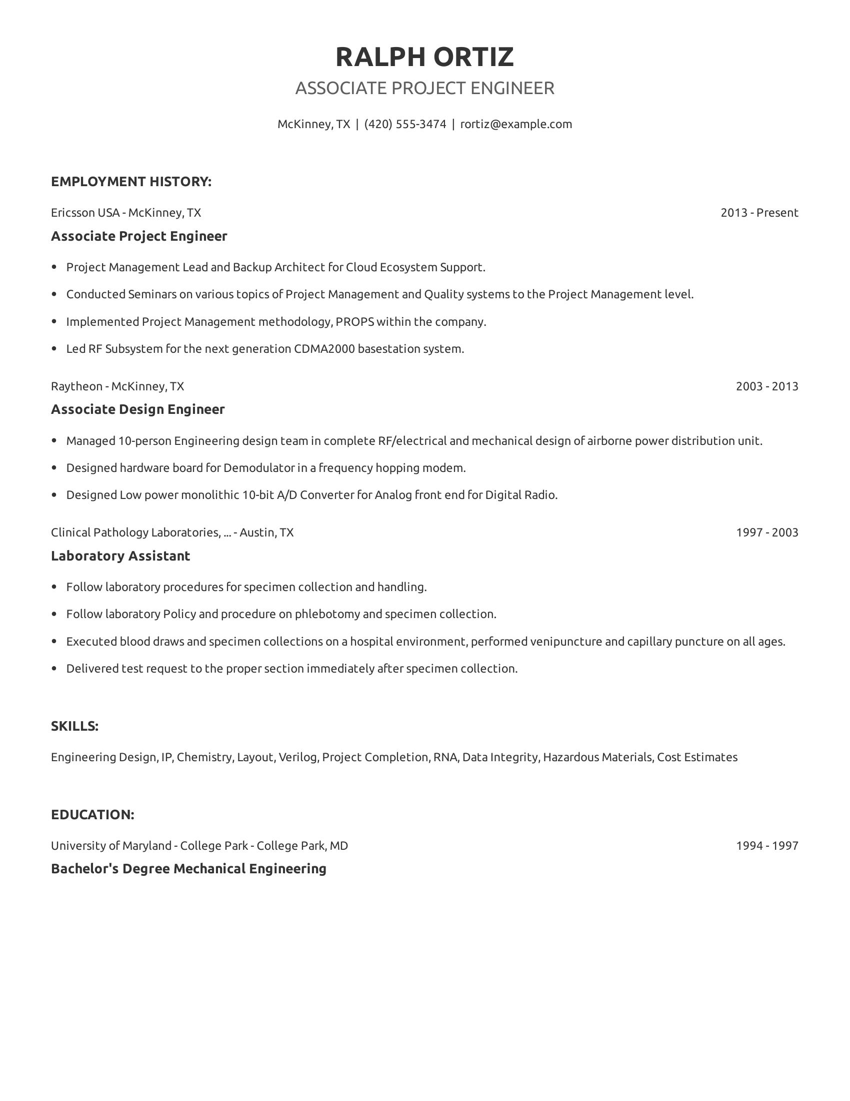 Associate Project Engineer resume example