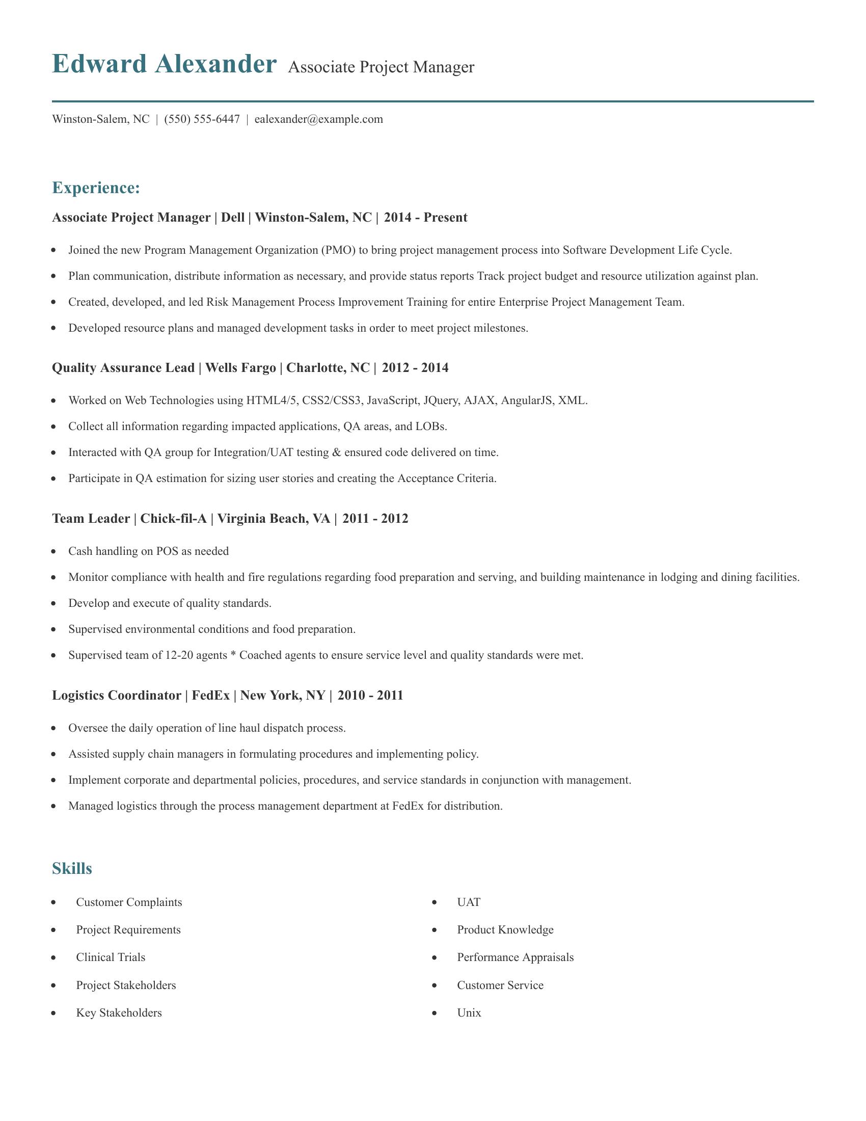 Associate Project Manager resume example