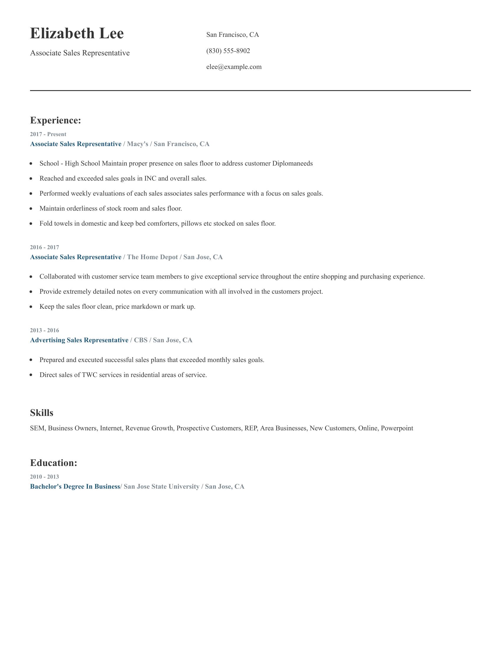 Associate Sales Representative resume example