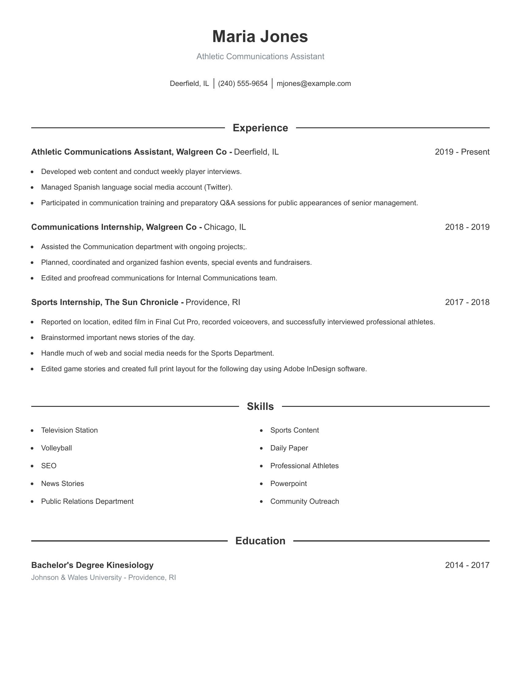 Athletic Communications Assistant resume example