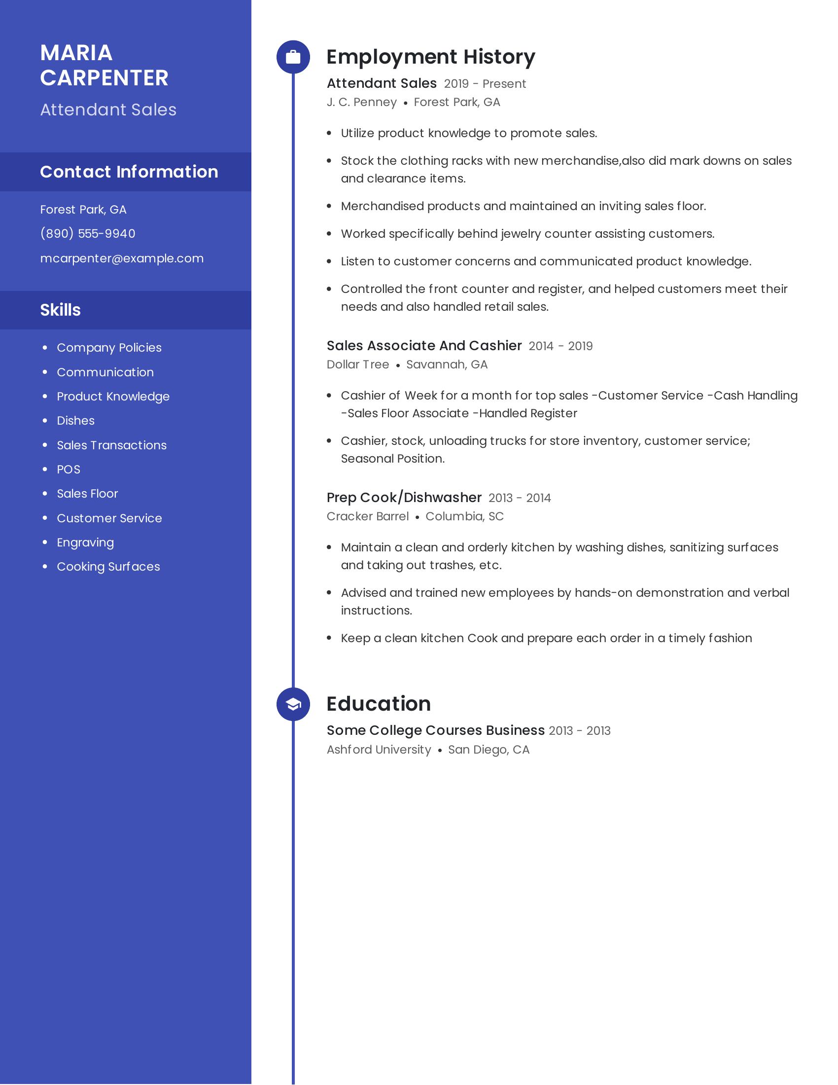 Attendant Sales resume example
