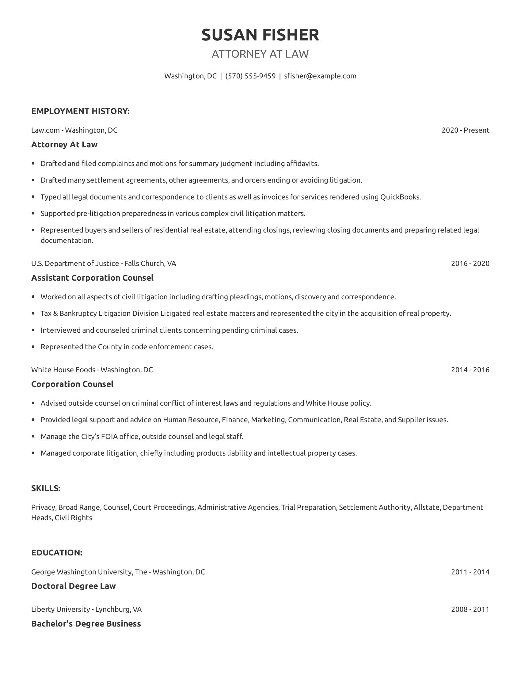 Attorney At Law resume example