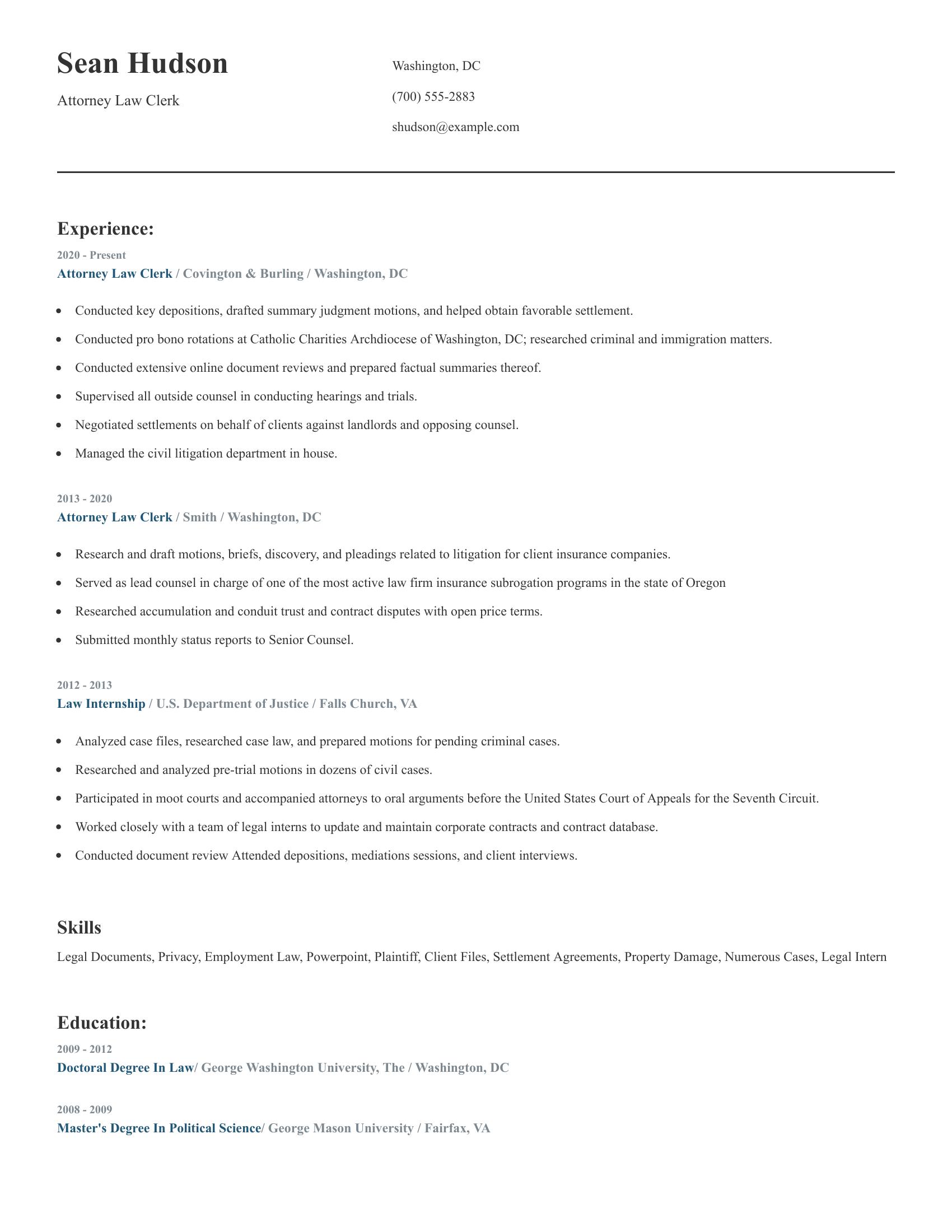 Attorney Law Clerk resume example