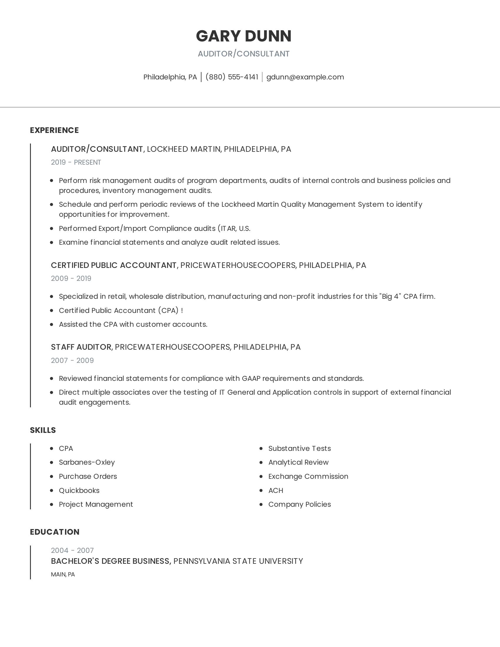 Auditor/Consultant resume example