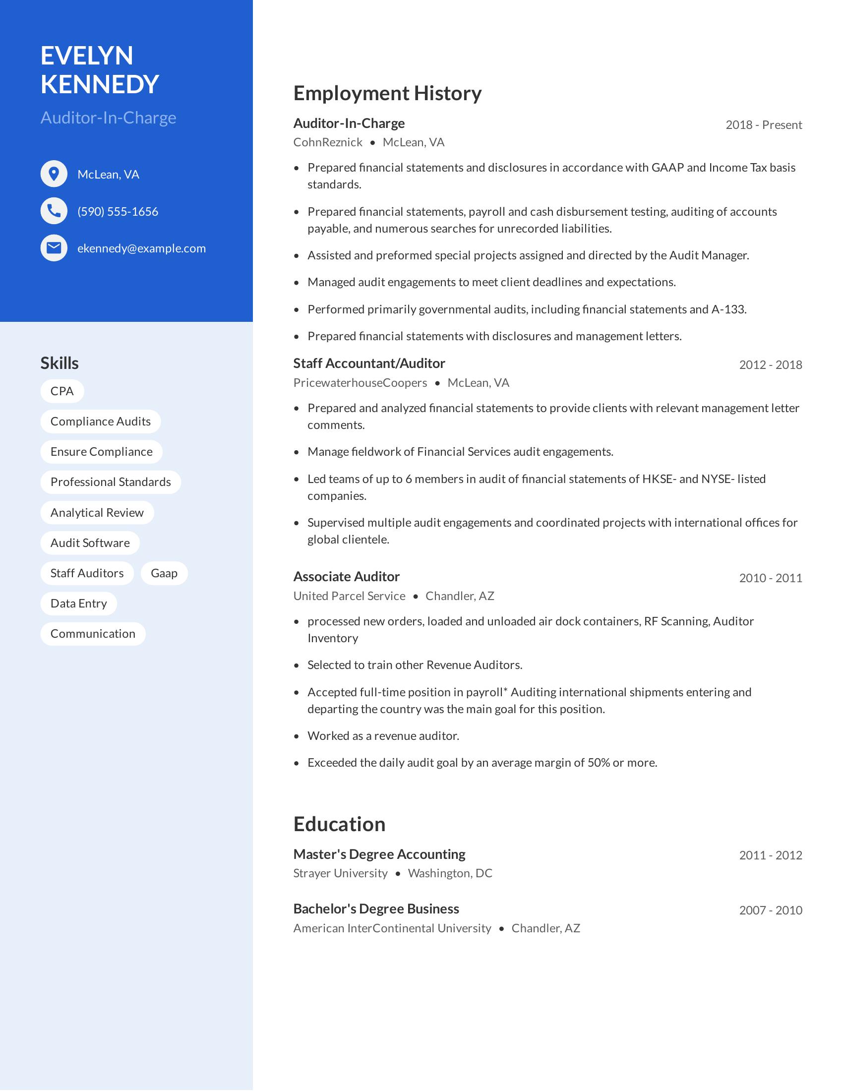 Auditor-In-Charge resume example