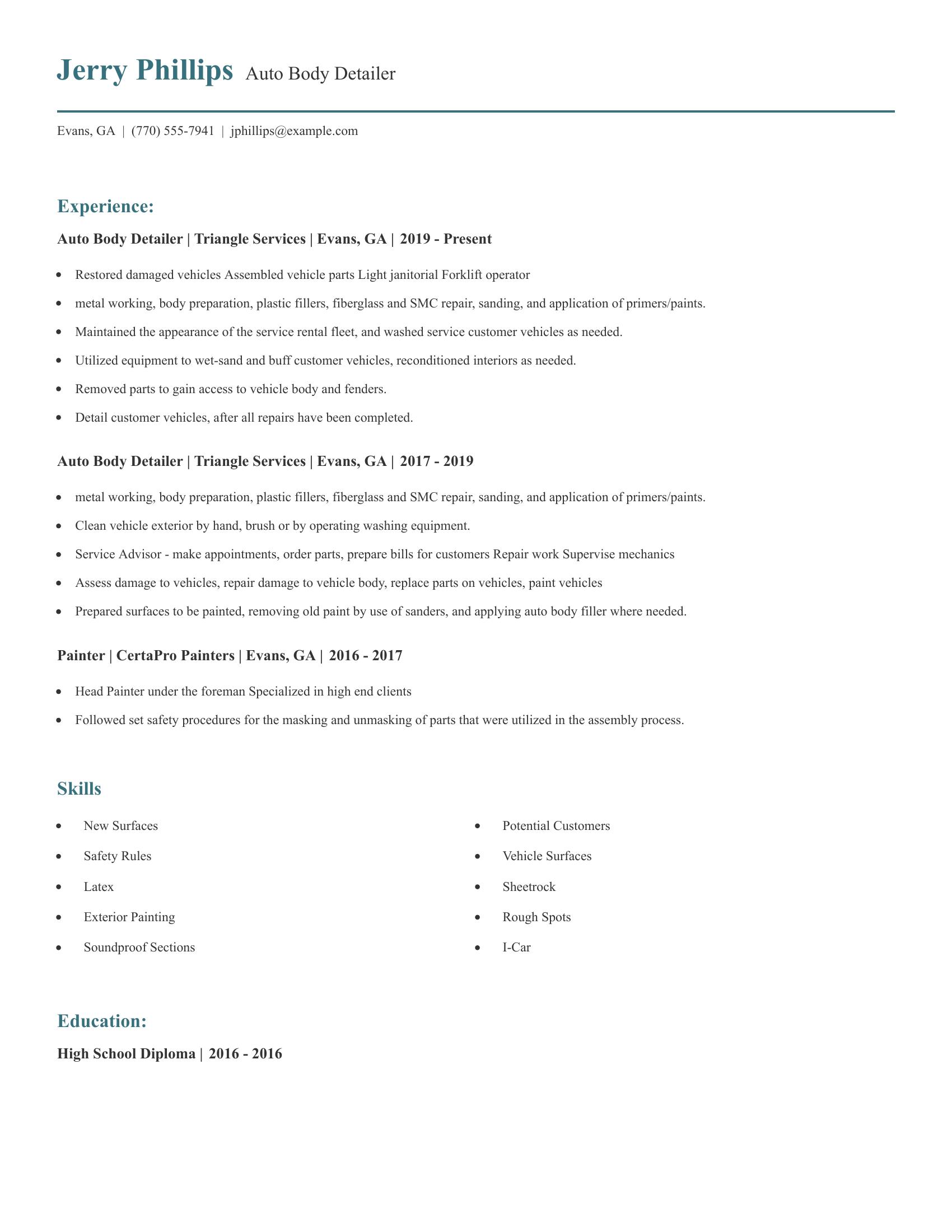 Auto Body Detailer resume example