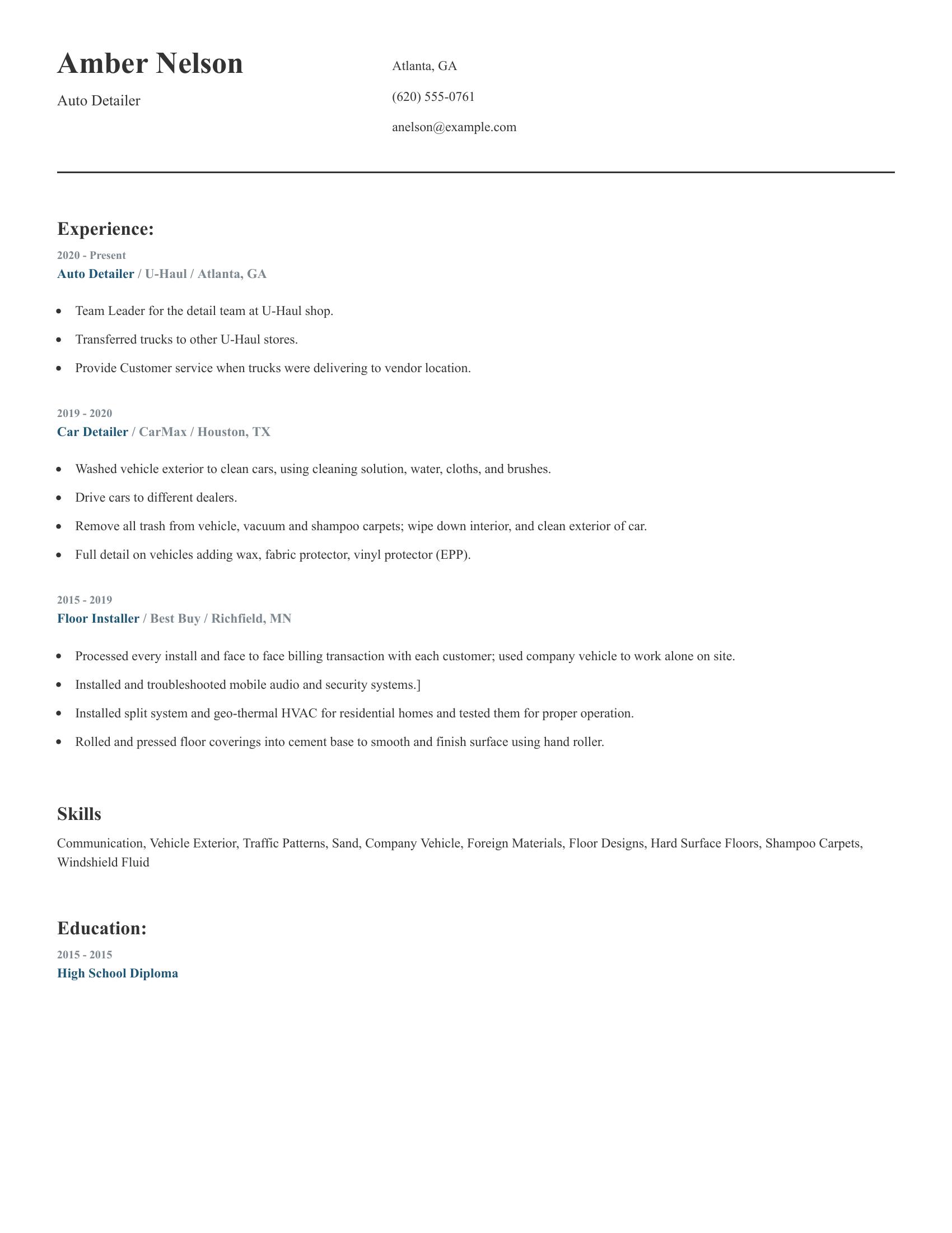 Auto Detailer resume example