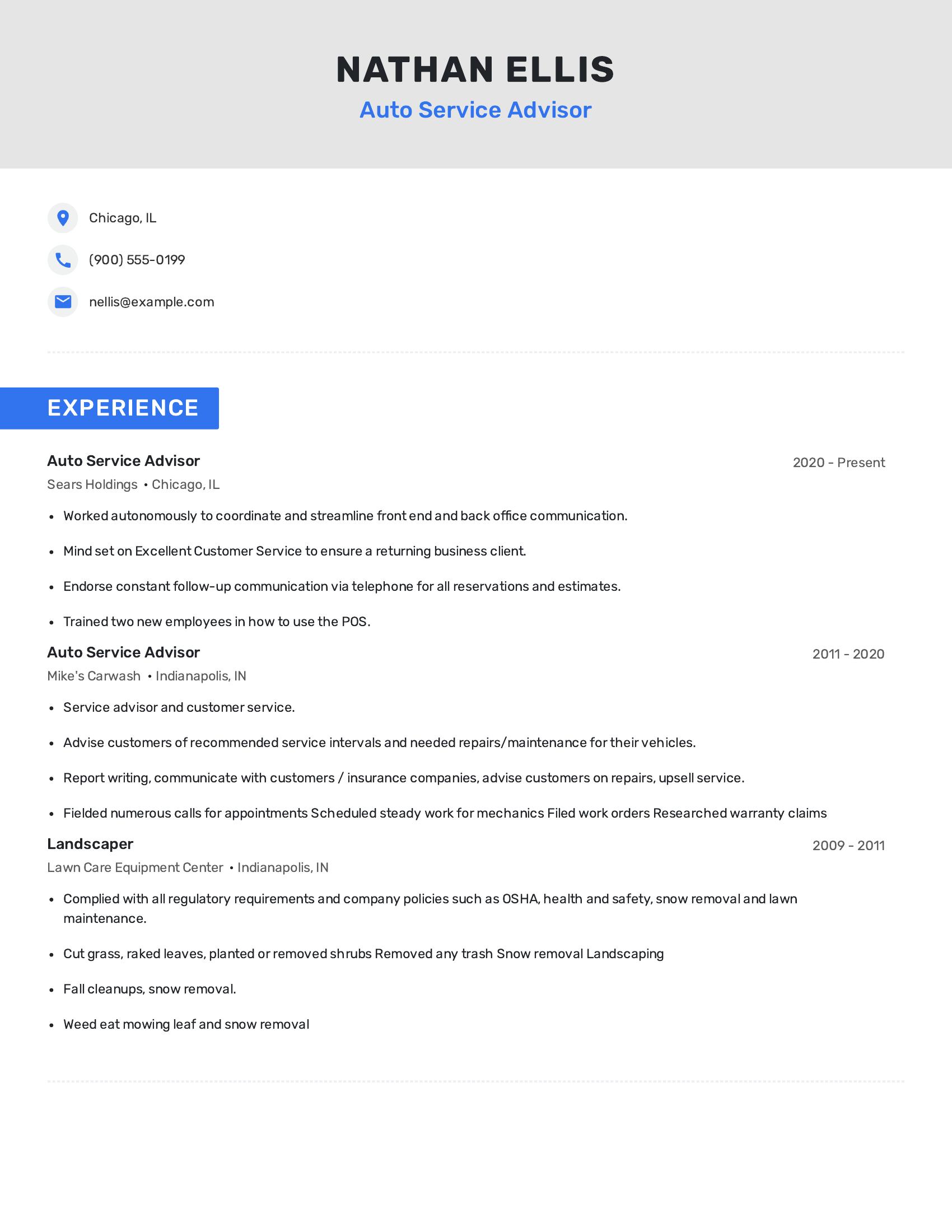 Auto Service Advisor resume example