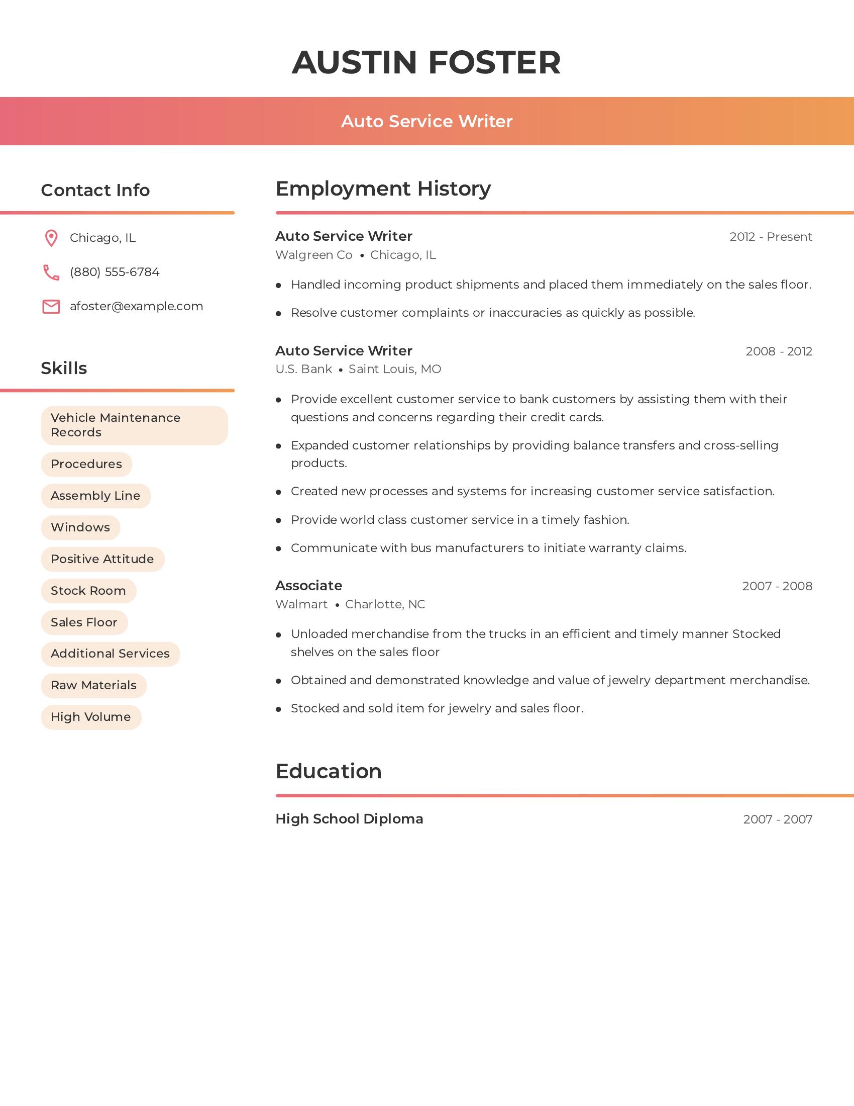 Auto Service Writer resume example