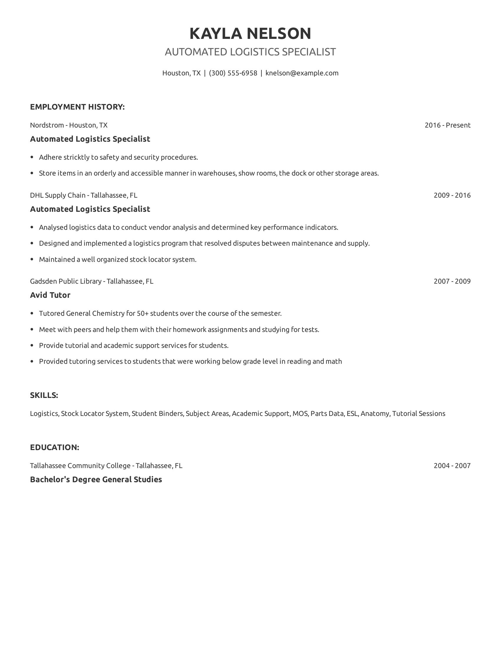 Automated Logistics Specialist resume example