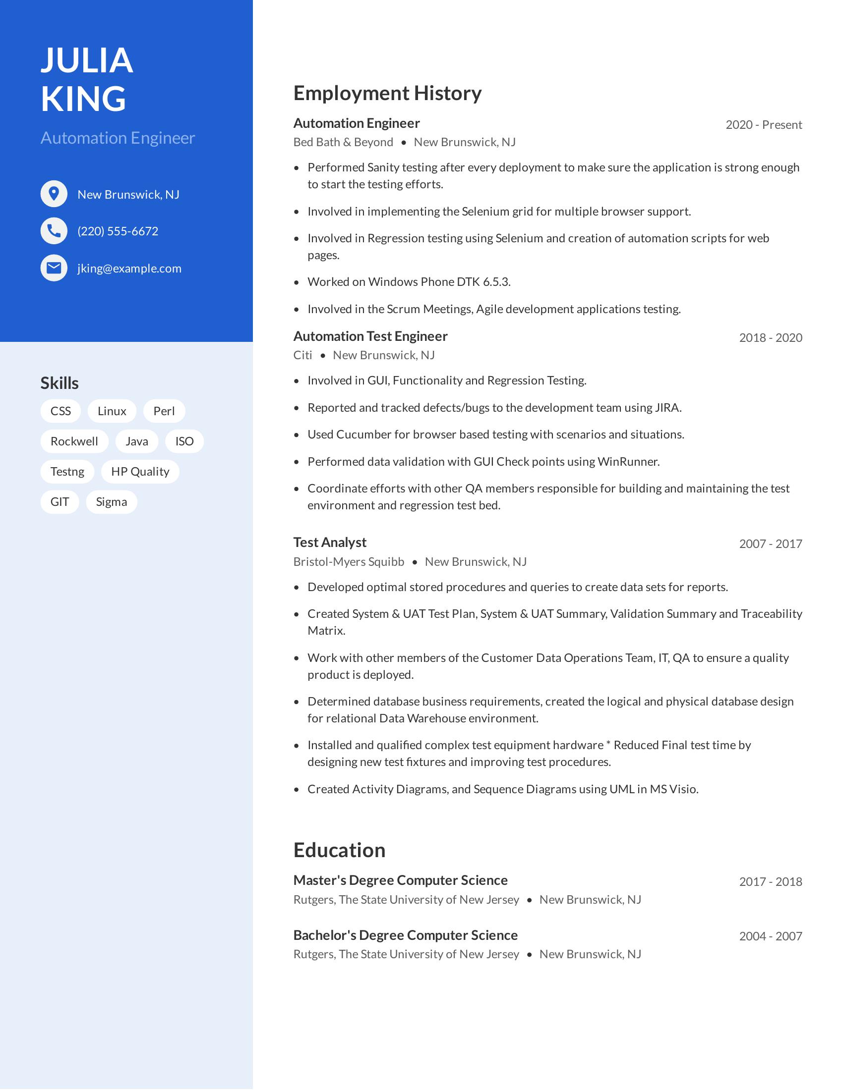 Automation Engineer resume example