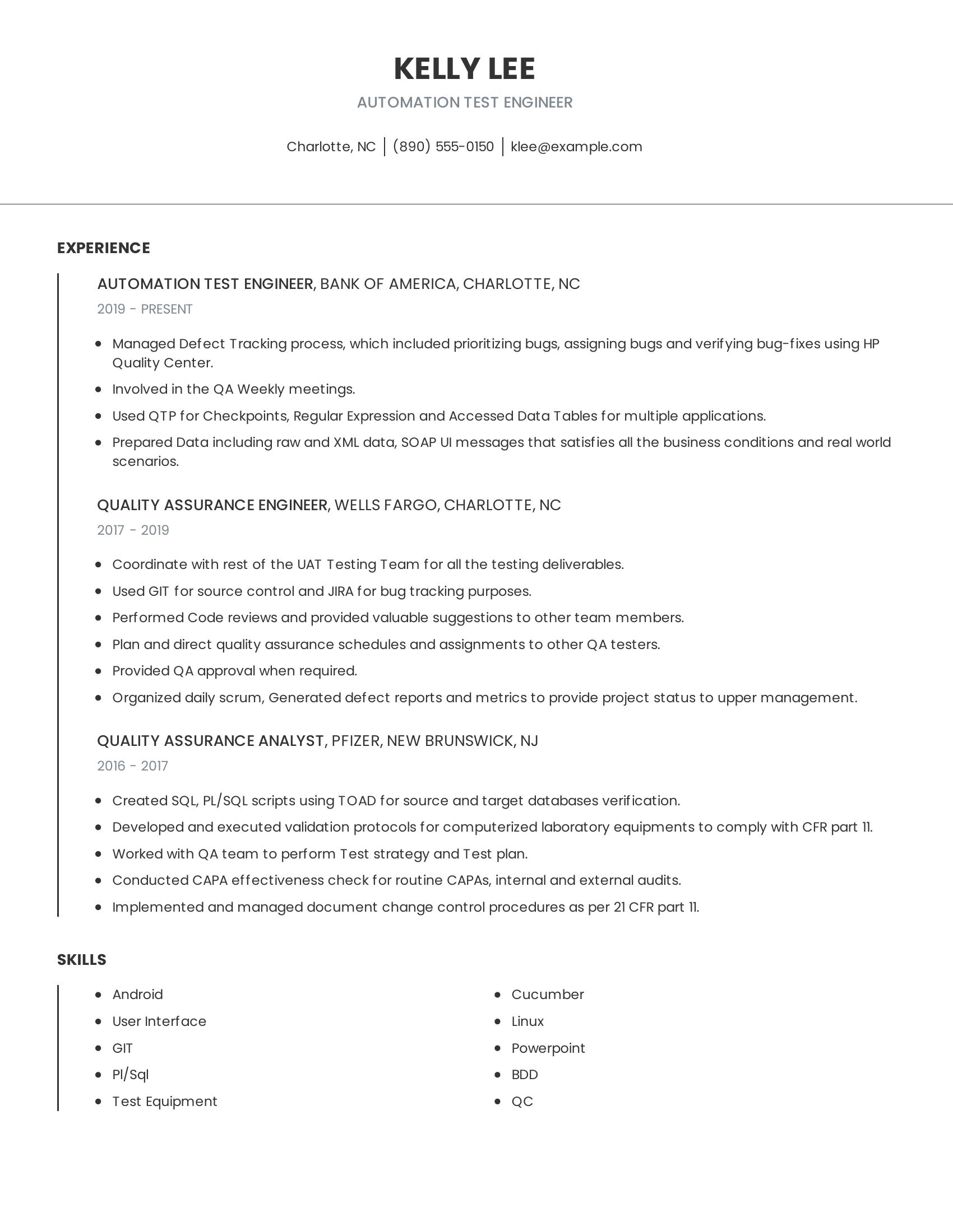 Automation Test Engineer resume example