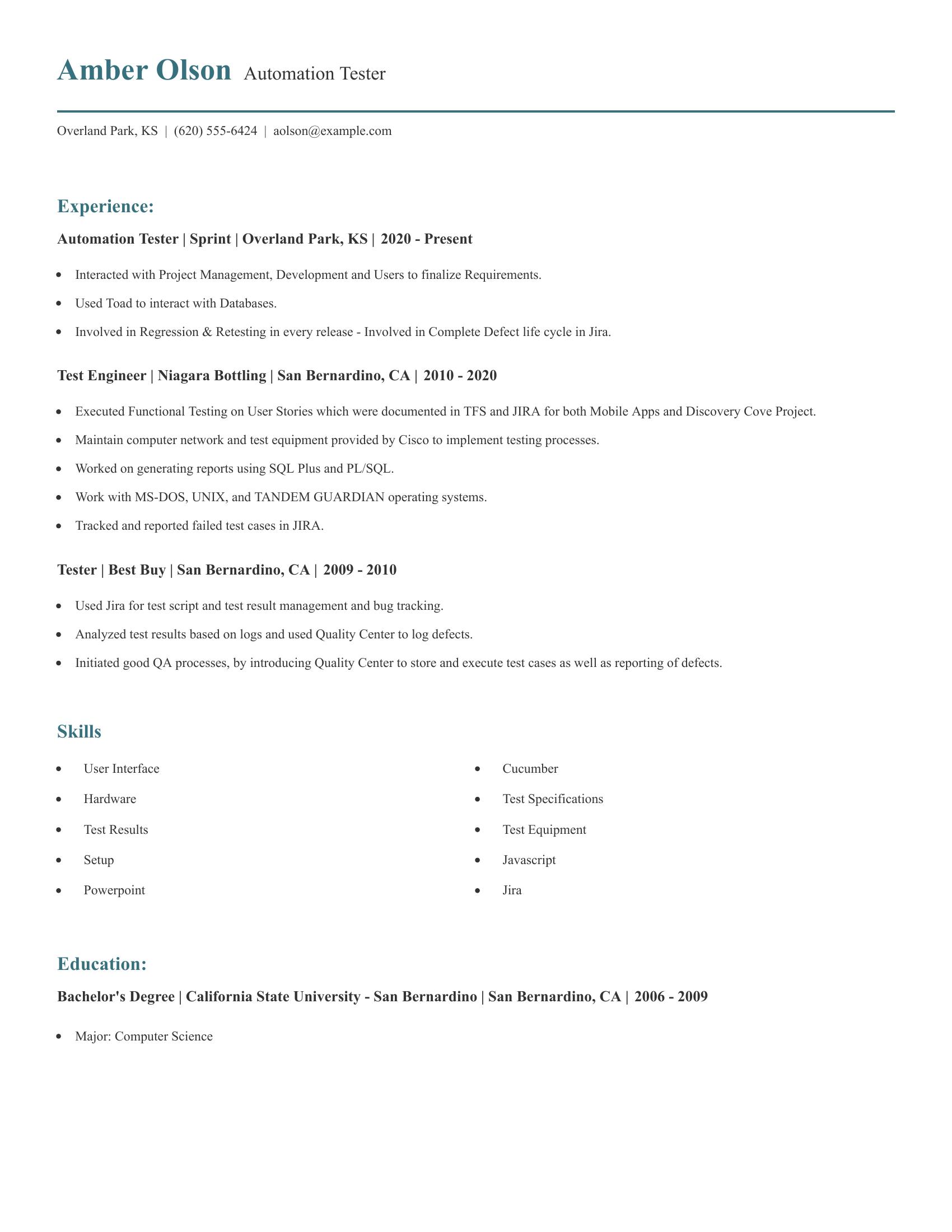 Automation Tester resume example