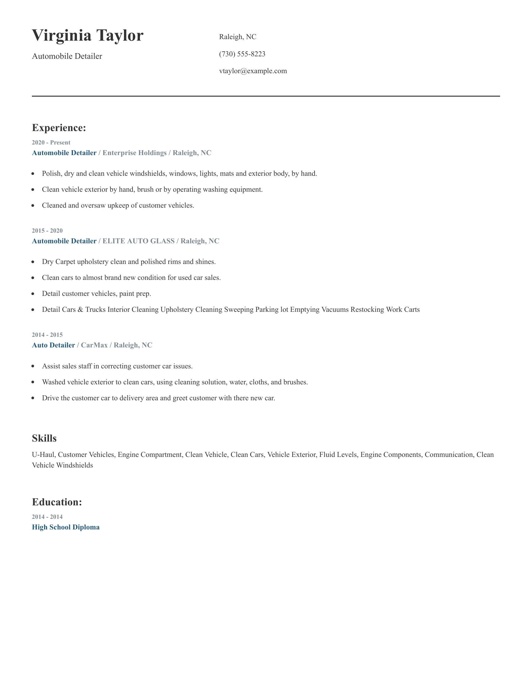 Automobile Detailer resume example