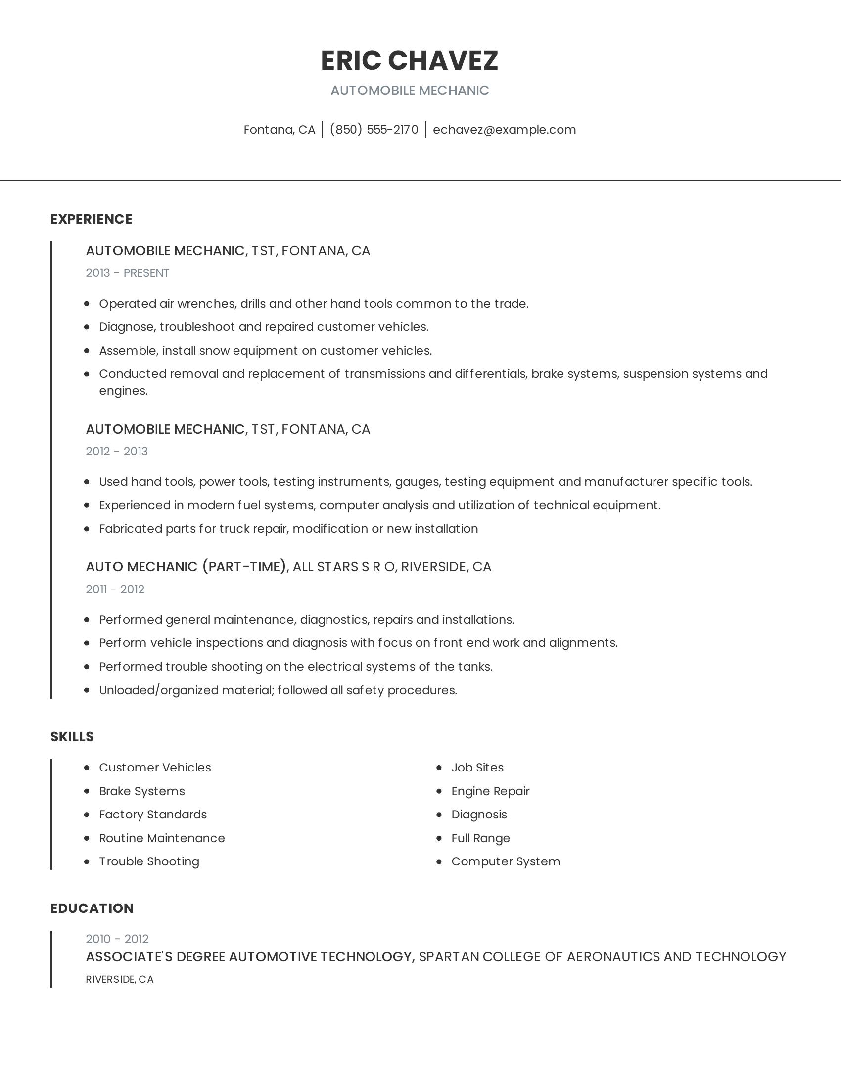 Automobile Mechanic resume example