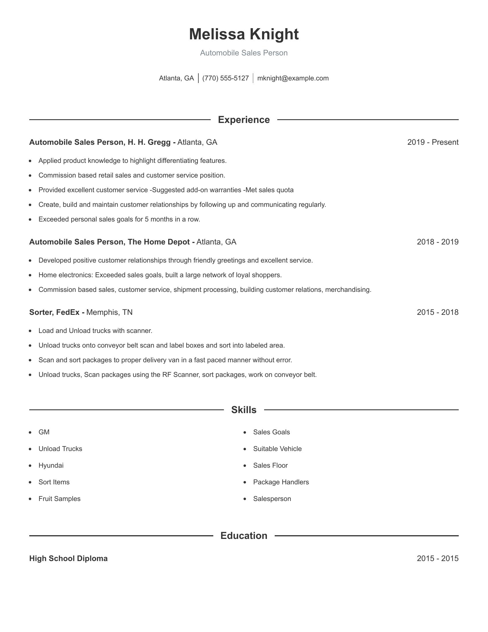 Automobile Sales Person resume example