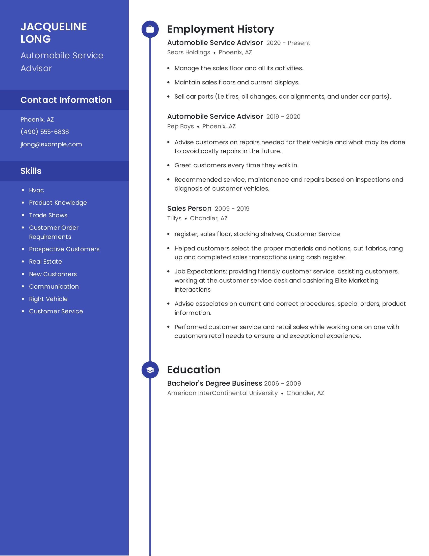 Automobile Service Advisor resume example
