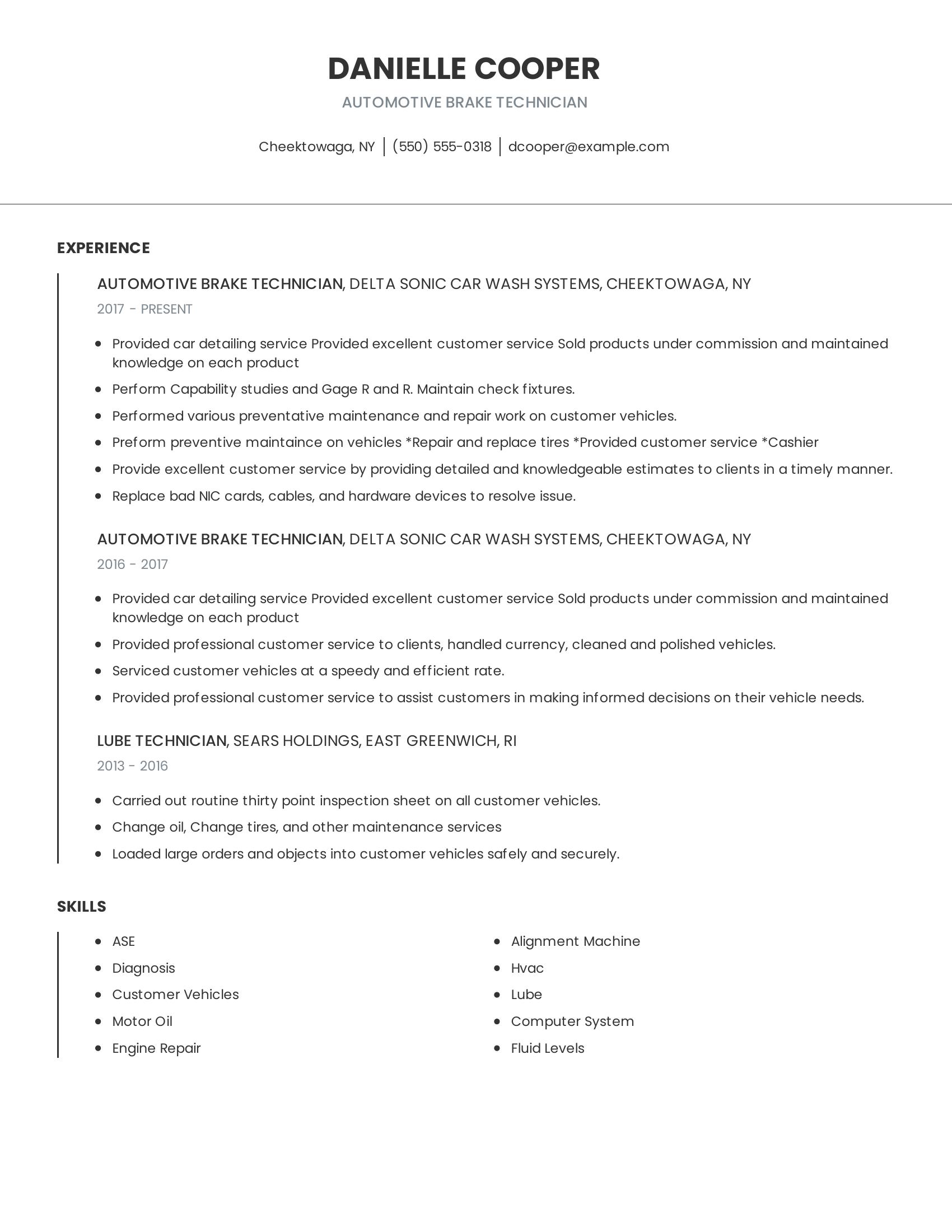 Automotive Brake Technician resume example