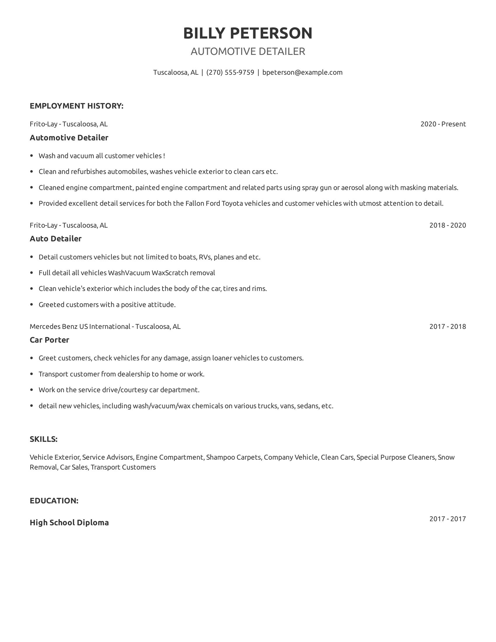 Automotive Detailer resume example