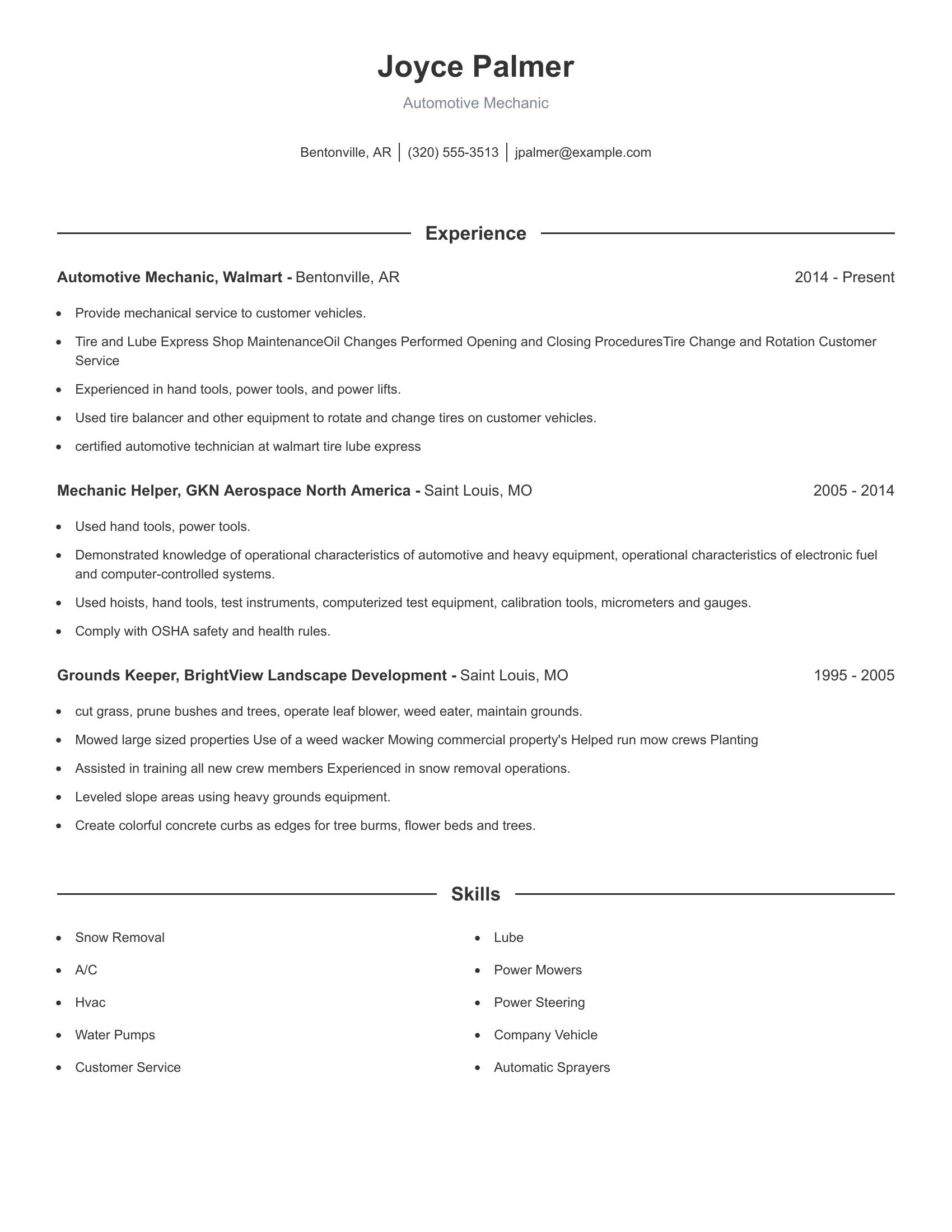 Automotive Mechanic resume example