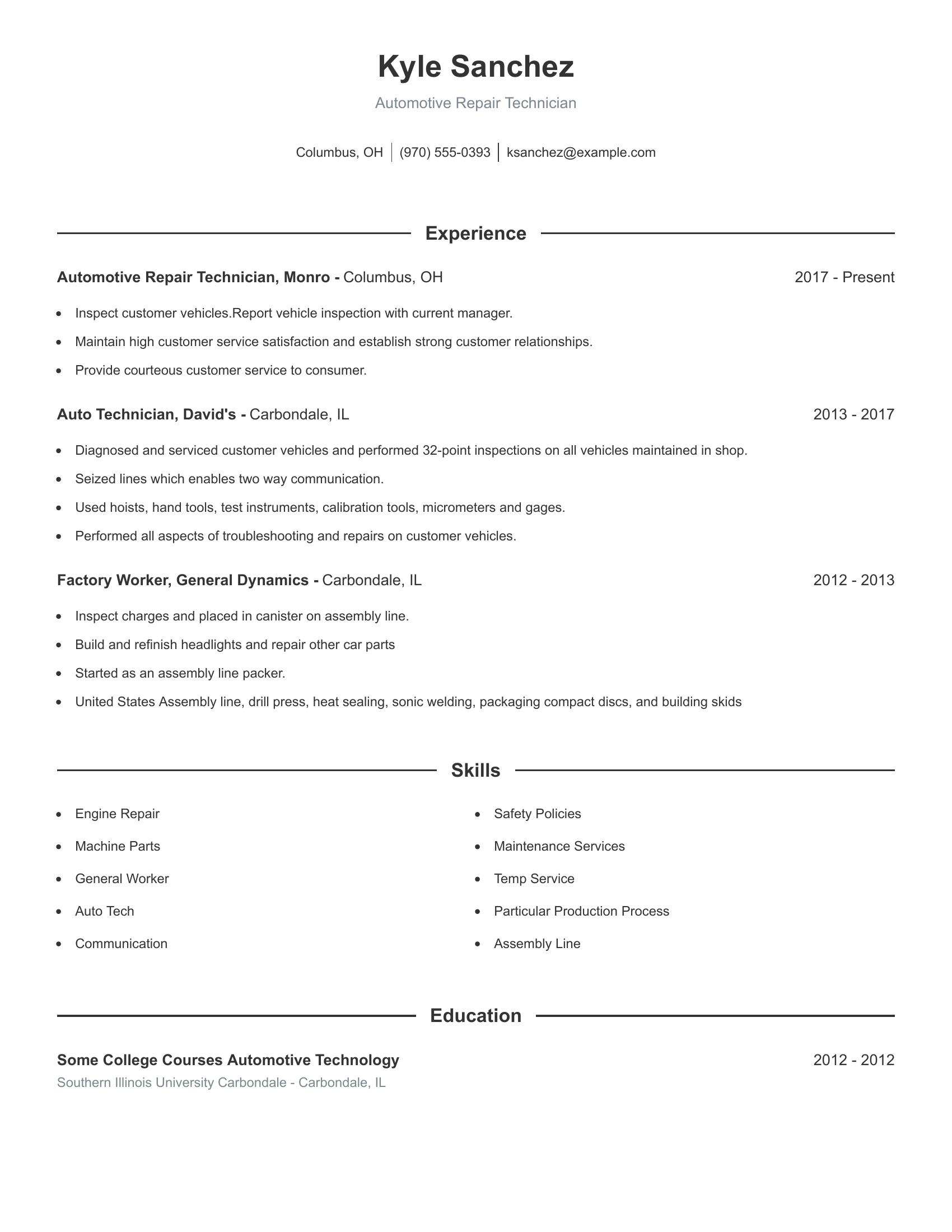 Automotive Repair Technician resume example