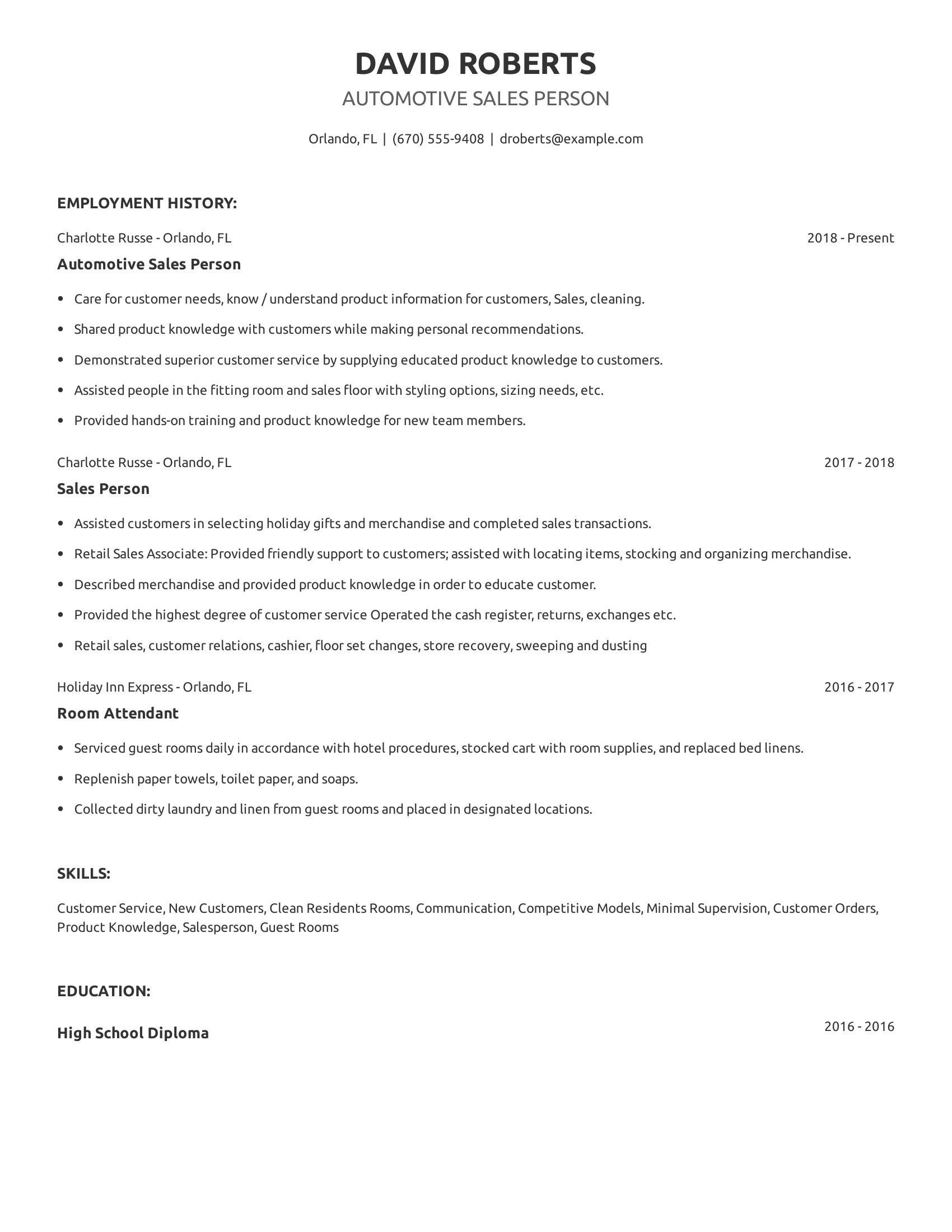 Automotive Sales Person resume example