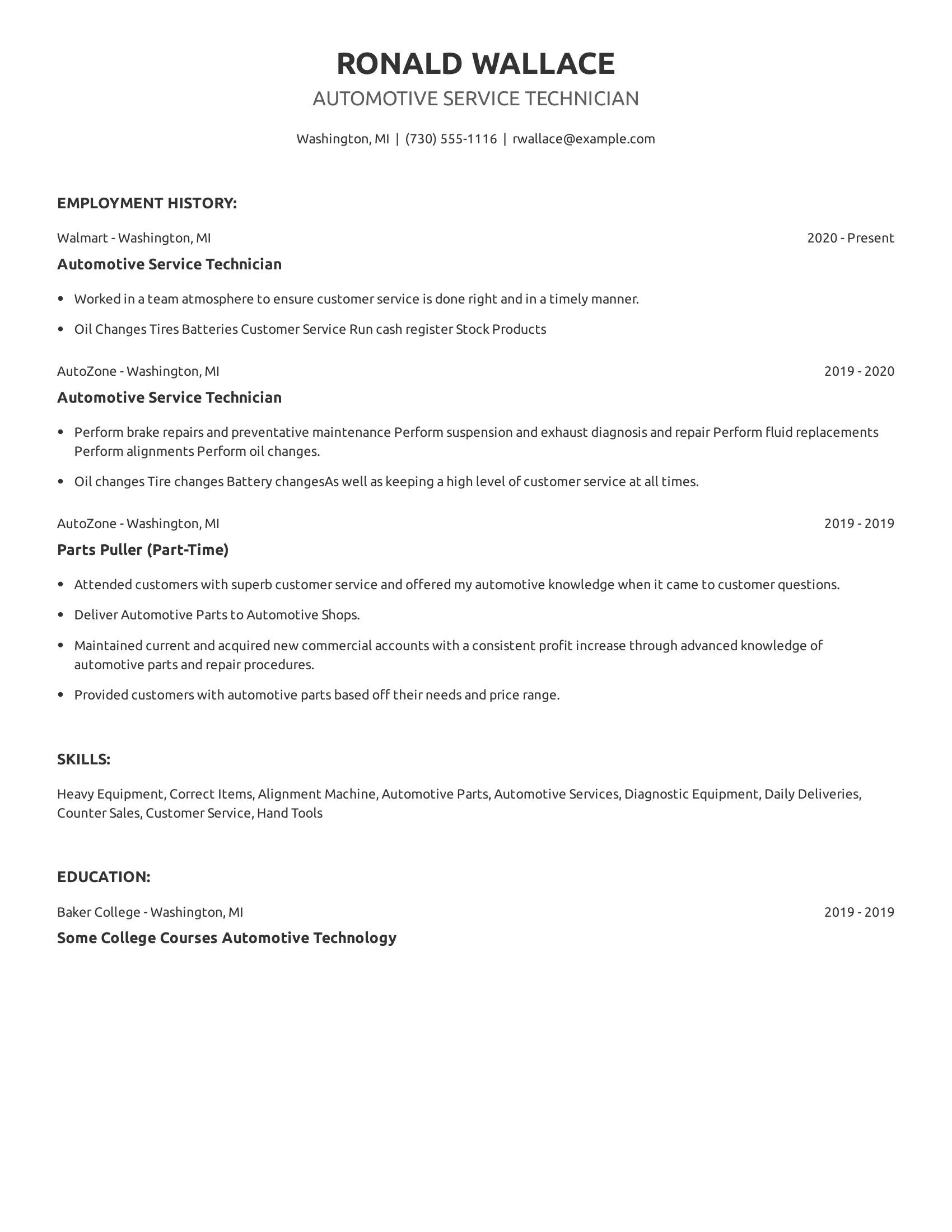 Automotive Service Technician resume example