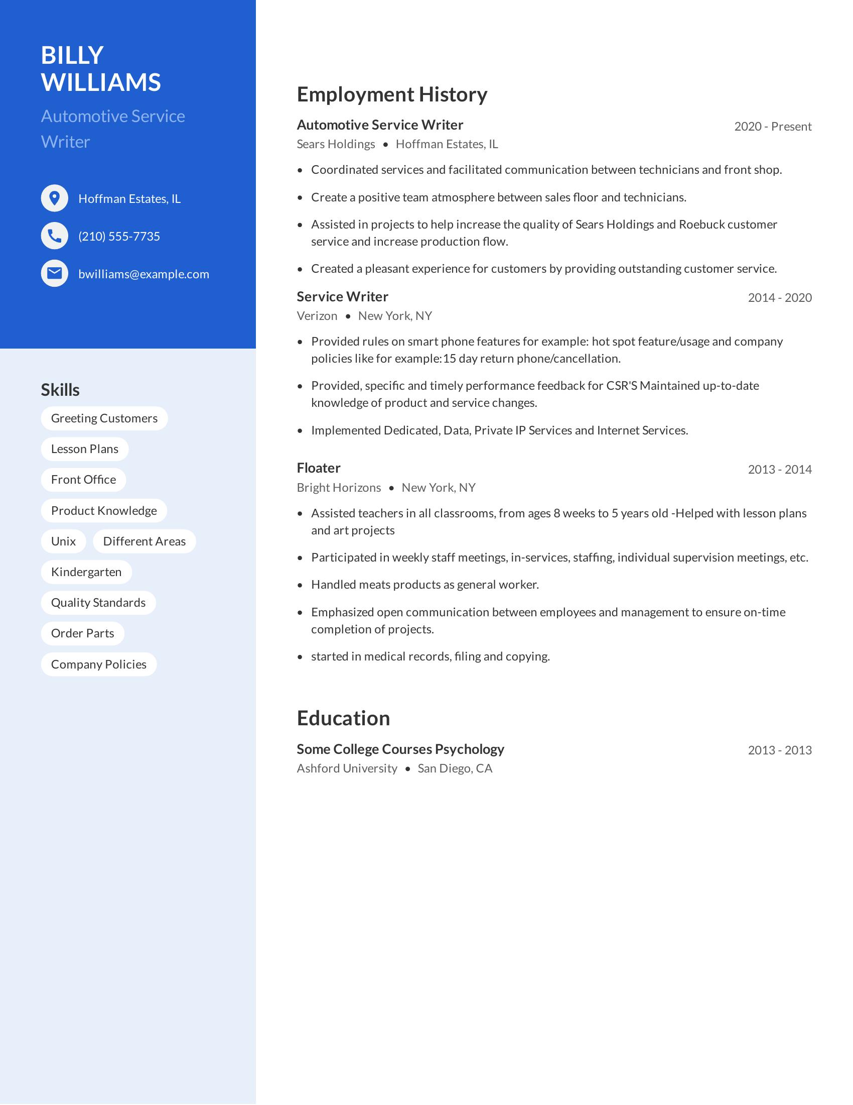 Automotive Service Writer resume example