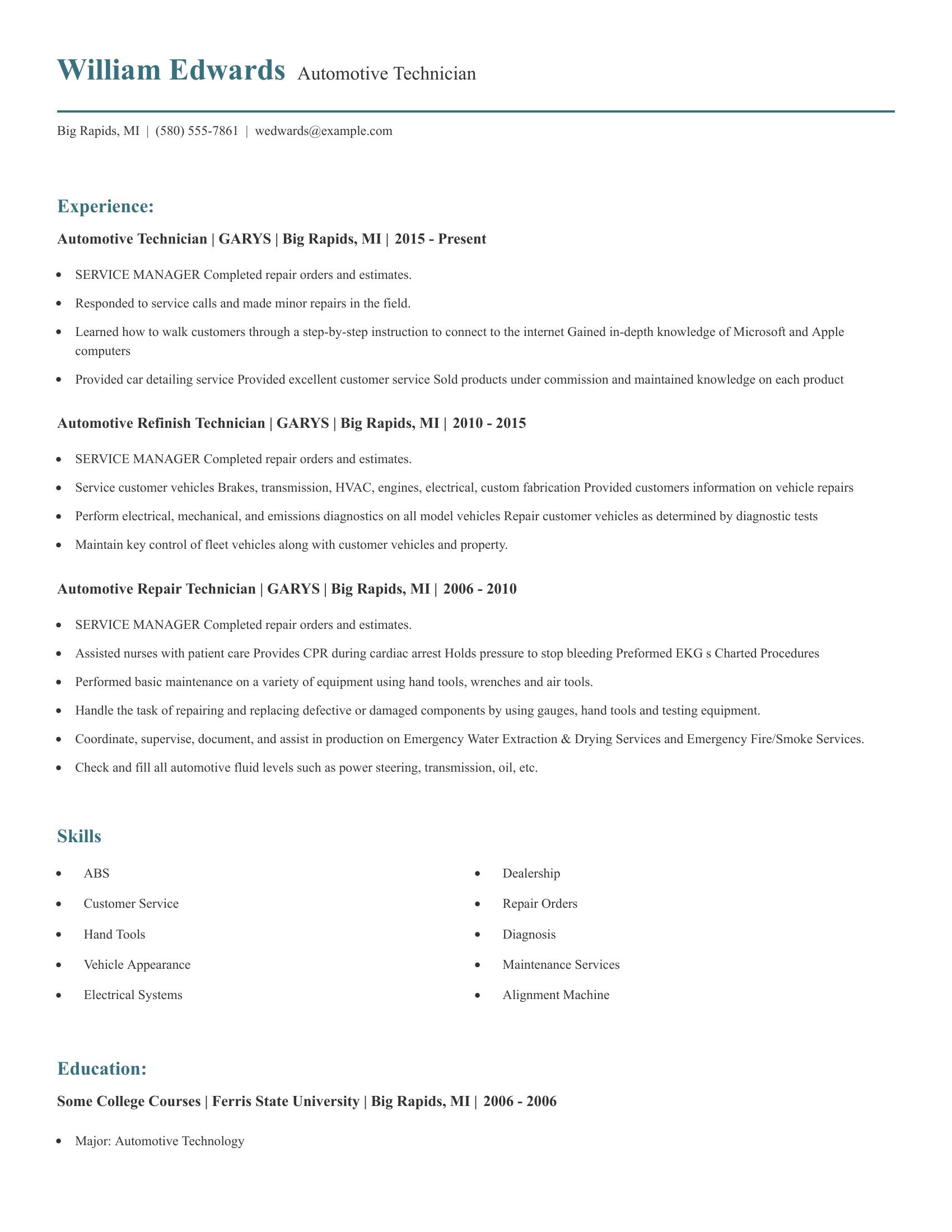 Automotive Technician resume example