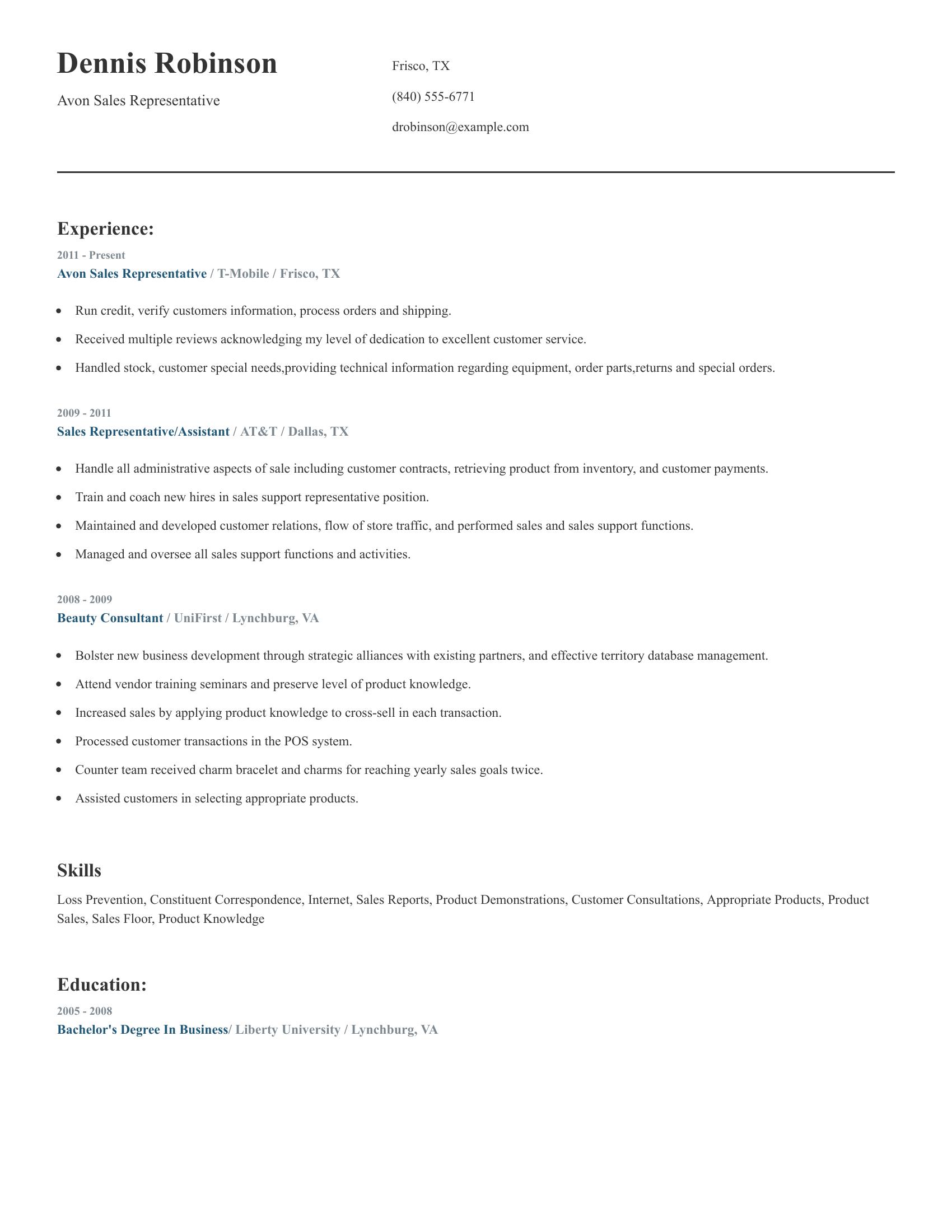 Avon Sales Representative resume example