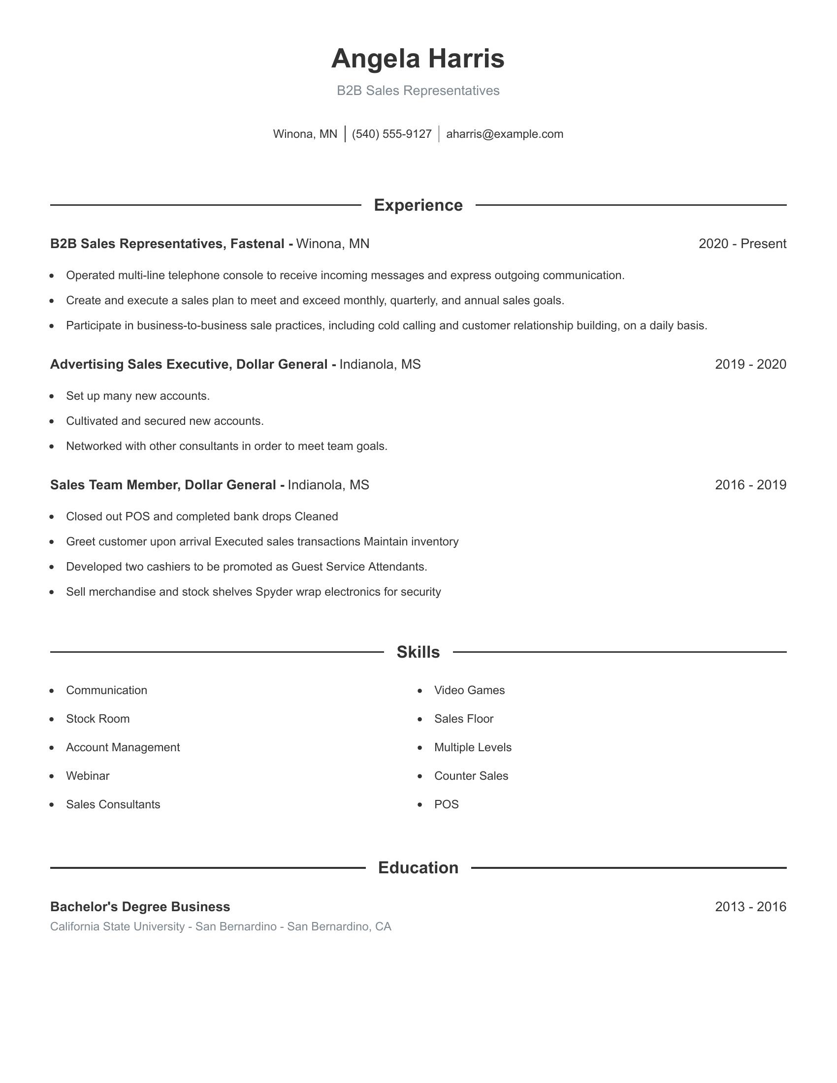 B2B Sales Representatives resume example