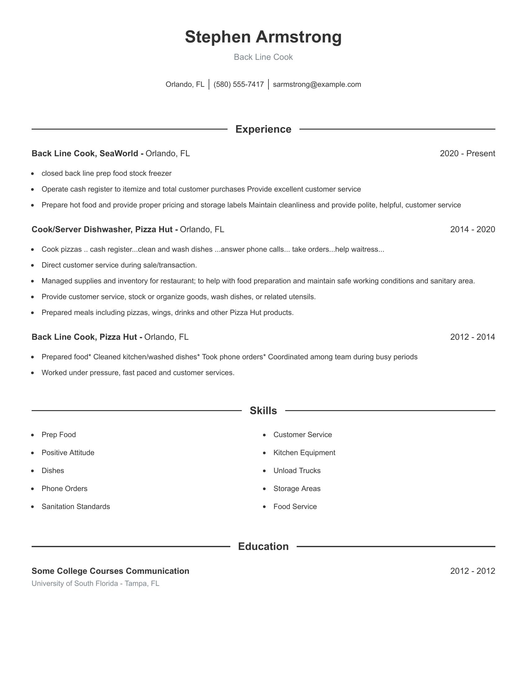 Back Line Cook resume example