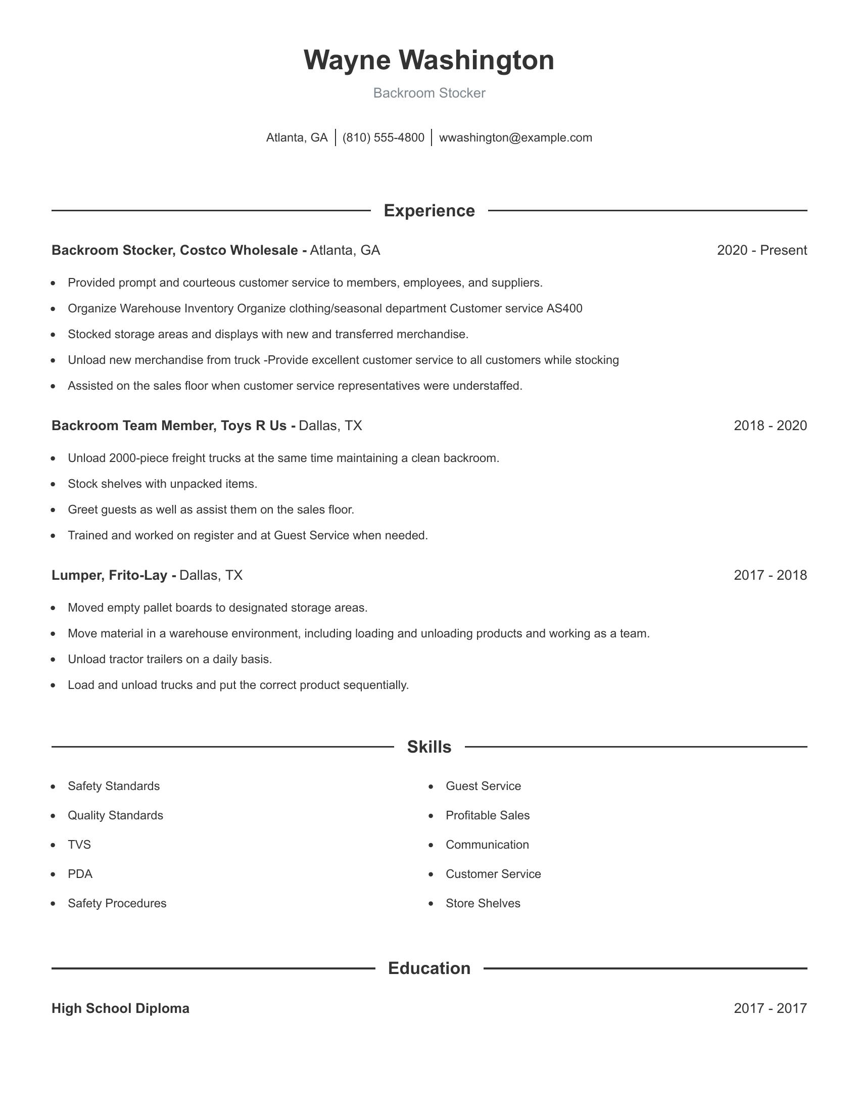 Backroom Stocker resume example