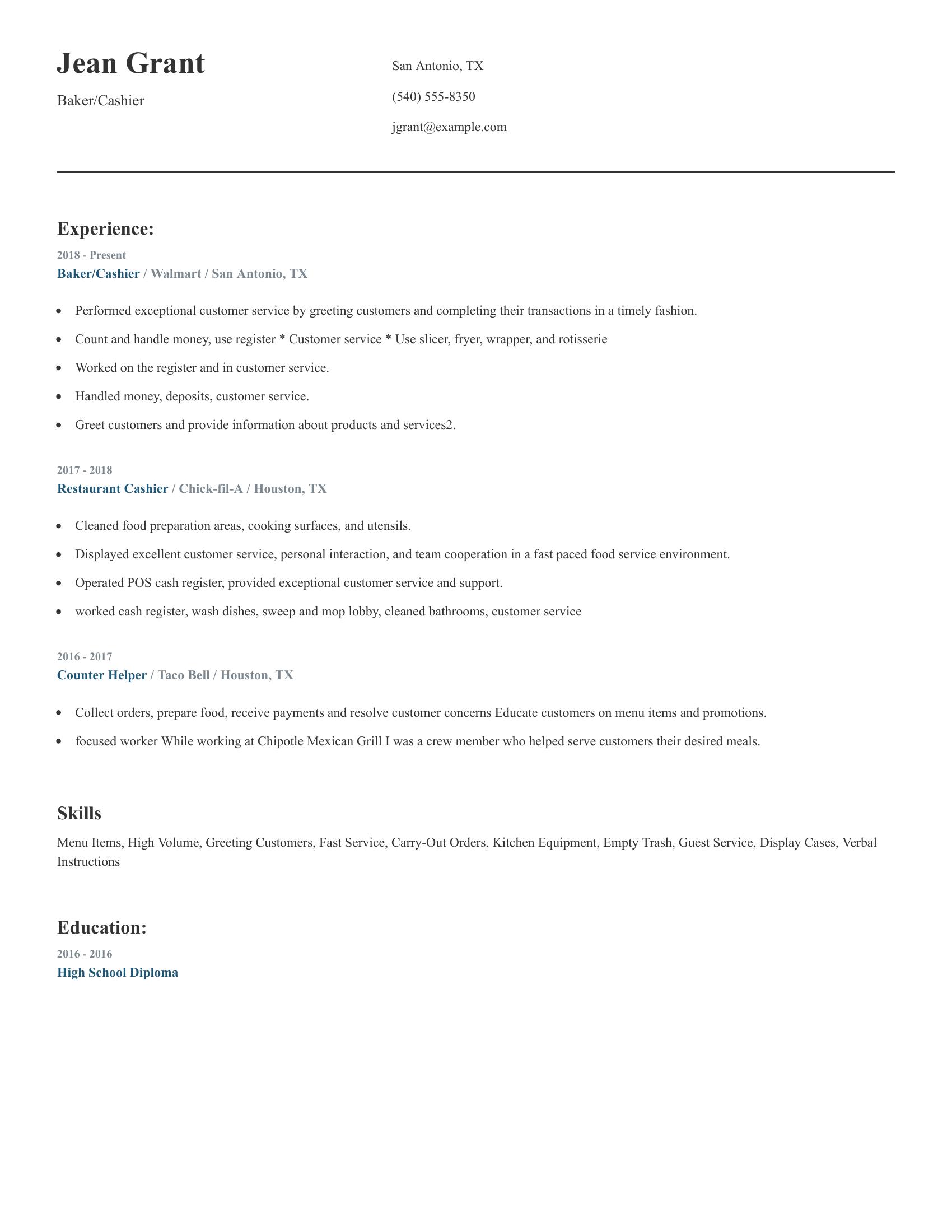 Baker/Cashier resume example